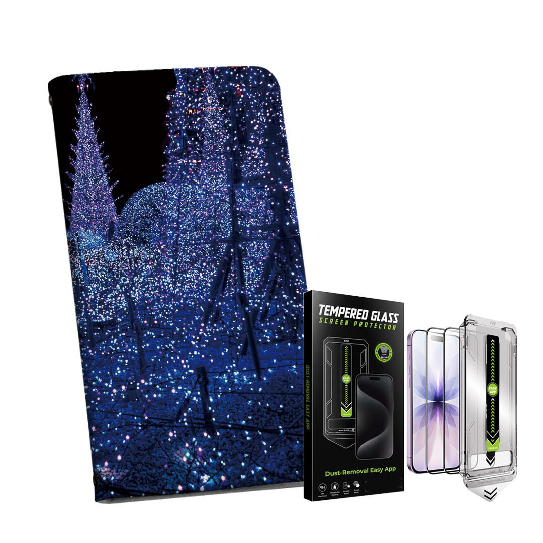 iPhone 13 6.1インチ 用 手帳型ケース ガラスフィルム 2枚 セット 各キャリア 共通対応 手帳型ケース カバー マグネット式 ピタッと閉まる レザーケース カード収納 ポケット igcase 012700 夜景 イルミネーション 景色