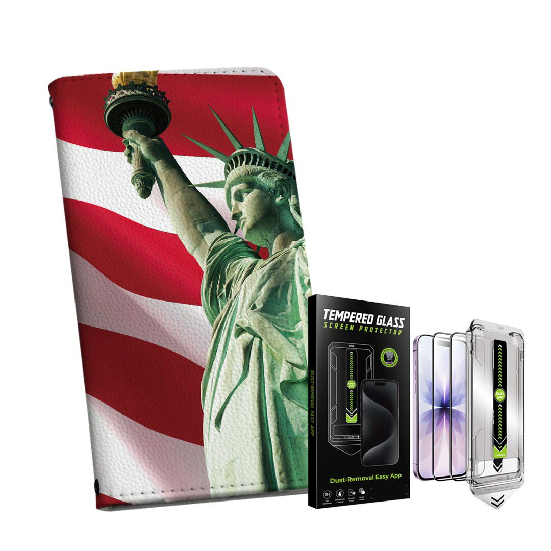 iPhone 16pro 用 6.3インチ 手帳型ケース ガラスフィルム 2枚 セット 各キャリア 共通対応 手帳型ケース カバー マグネット式 ピタッと閉まる レザーケース カード収納 ポケット igcase 012706 アメリカ　国旗　自由の女神