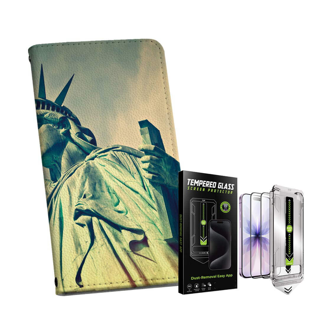 iPhone 13 6.1インチ 用 手帳型ケース ガラスフィルム 2枚 セット 各キャリア 共通対応 手帳型ケース カバー マグネット式 ピタッと閉まる レザーケース カード収納 ポケット igcase 012936 自由の女神　写真　ニューヨーク