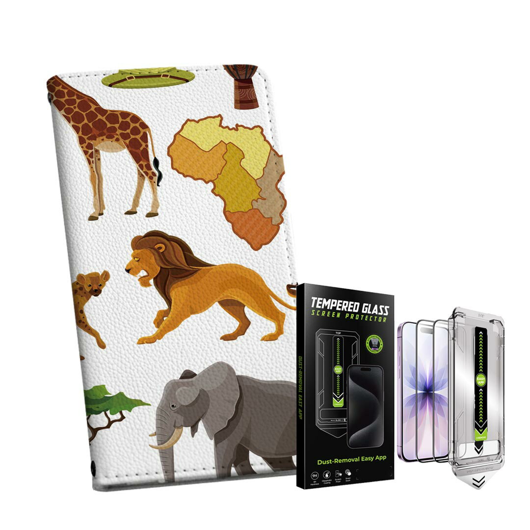 Mobile Phone Cases - iPhone 16pro 用 6.3インチ 手帳型ケース ガラスフィルム 2枚 セット 各キャリア 共通対応 手帳型ケース カバー マグネット式 ピタッと閉まる レザーケース カード収納 ポケット igcase 013714 動物　サファリ　アニマル