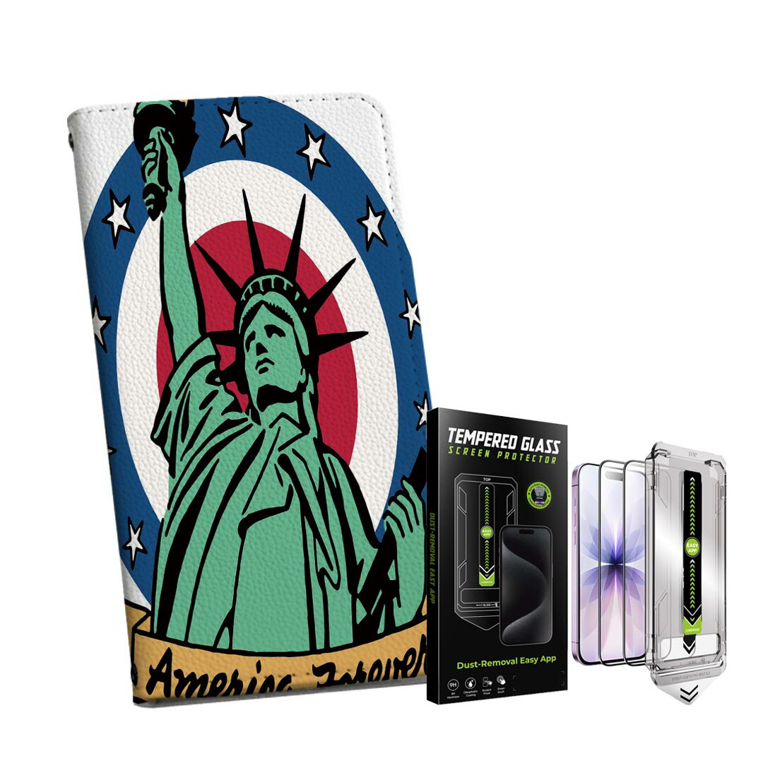iPhone Air 用 手帳型ケース ガラスフィルム 2枚 セット 各キャリア 共通対応 手帳型ケース カバー マグネット式 ピタッと閉まる レザーケース カード収納 ポケット igcase 014254 アメリカ　自由の女神　外国