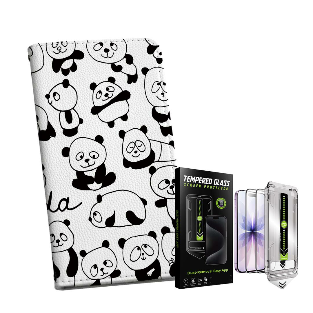 iPhone 13 6.1インチ 用 手帳型ケース ガラスフィルム 2枚 セット 各キャリア 共通対応 手帳型ケース カバー マグネット式 ピタッと閉まる レザーケース カード収納 ポケット igcase 014597 パンダ 動物 アニマル