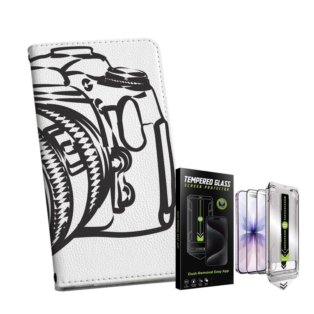 iPhone 16e 用 手帳型ケース ガラスフィルム 2枚 セット 各キャリア 共通対応 手帳型ケース カバー マグネット式 ピタッと閉まる レザーケース カード収納 ポケット igcase 014761 カメラ　白黒　一眼レフ