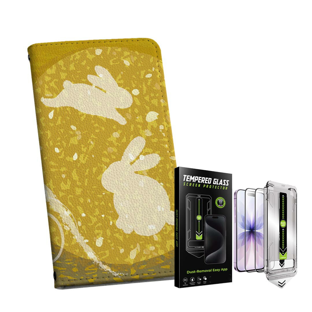 Mobile Phone Cases - iPhone14 6.1インチ 専用 各キャリア iPhone 14 手帳型ケース ガラスフィルム 2枚 セット 共通対応 手帳型ケース カバー マグネット式 ピタッと閉まる レザーケース カード収納 ポケット igcase 014866 うさぎ　月　お月見　黄色