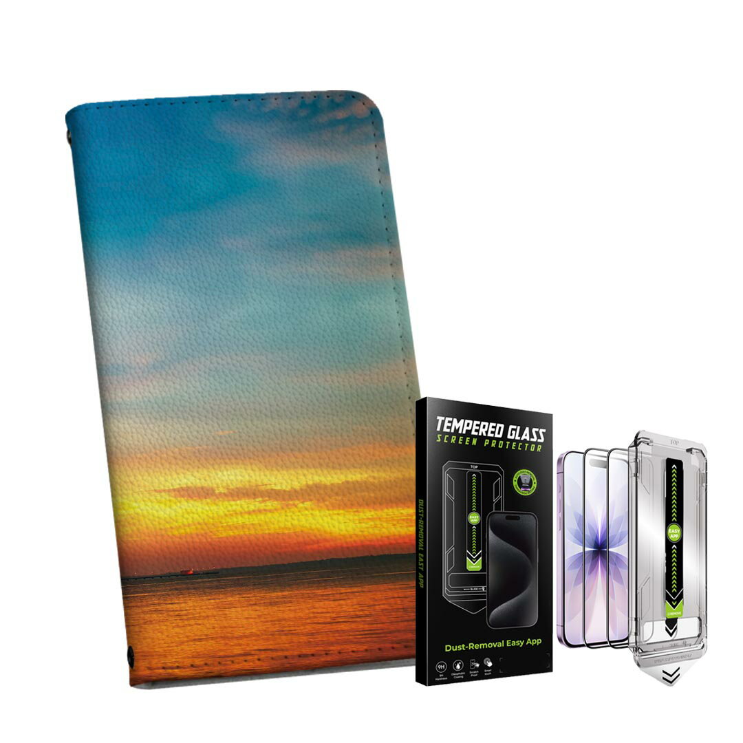 iPhone 16e 用 手帳型ケース ガラスフィルム 2枚 セット 各キャリア 共通対応 手帳型ケース カバー マグネット式 ピタッと閉まる レザーケース カード収納 ポケット igcase 014924 景色　夕日　夕方