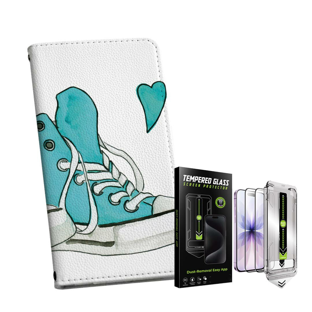 【セットでお得】iPhone 用 ガイド付きフィルム 選べるケース カバー 手帳型 ショルダー付き ハードケース フィルム2枚 ずれない ガイド枠 自動吸着 貼りやすい失敗しない きれい 016313 靴　スニーカー