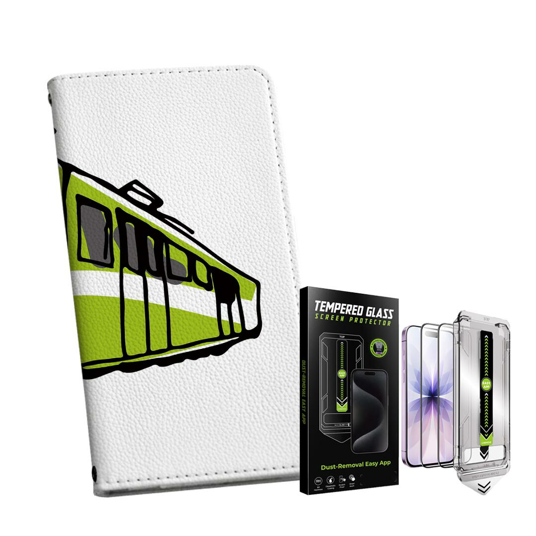 iPhone 16pro 用 6.3インチ 手帳型ケース ガラスフィルム 2枚 セット 各キャリア 共通対応 手帳型ケース カバー マグネット式 ピタッと閉まる レザーケース カード収納 ポケット igcase 017525 電車　train　黄緑