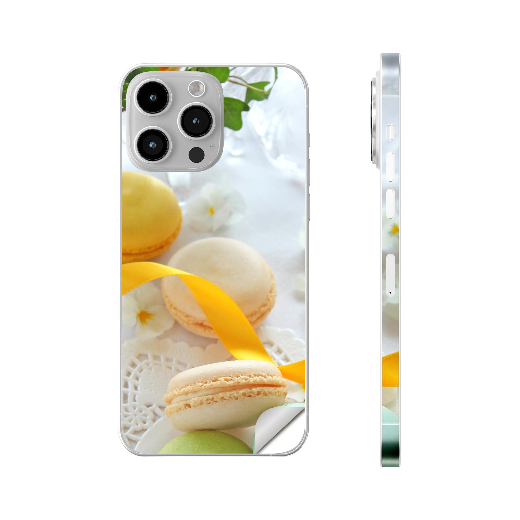 iPhone14 iPhone15 用 スキンシール 全面スキンシール フル 背面 側面 ステッカー 保護シール iphone14plus iphone14pro iphone14promax iphone15plus iphone15pro iphone15promax 各種対応 マカロン 花 黄色 002617