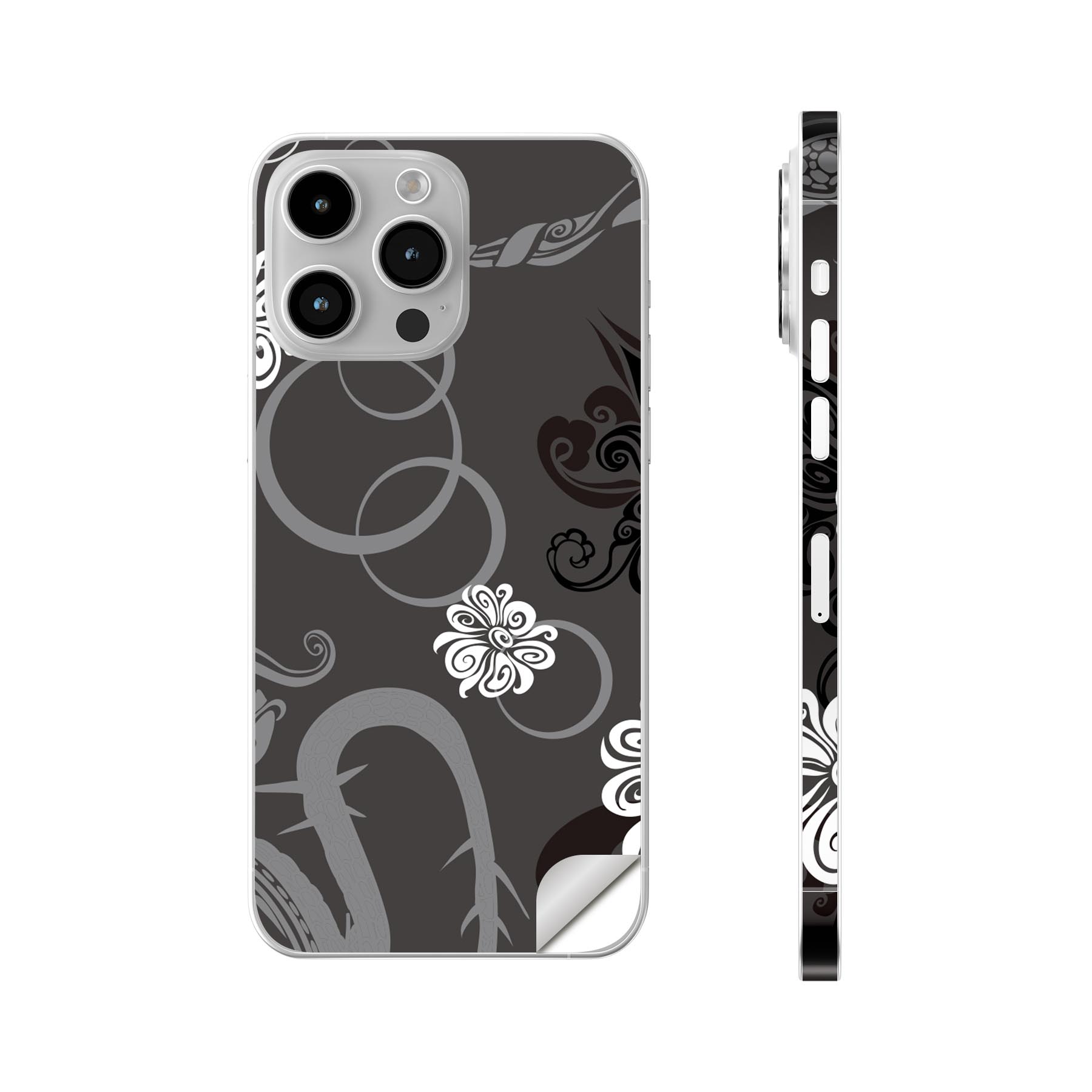 iPhone14 iPhone15 用 スキンシール 全面スキンシール フル 背面 側面 ステッカー 保護シール iphone14plus iphone14pro iphone14promax iphone15plus iphone15pro iphone15promax 各種対応 模様　エレガント　黒　003904