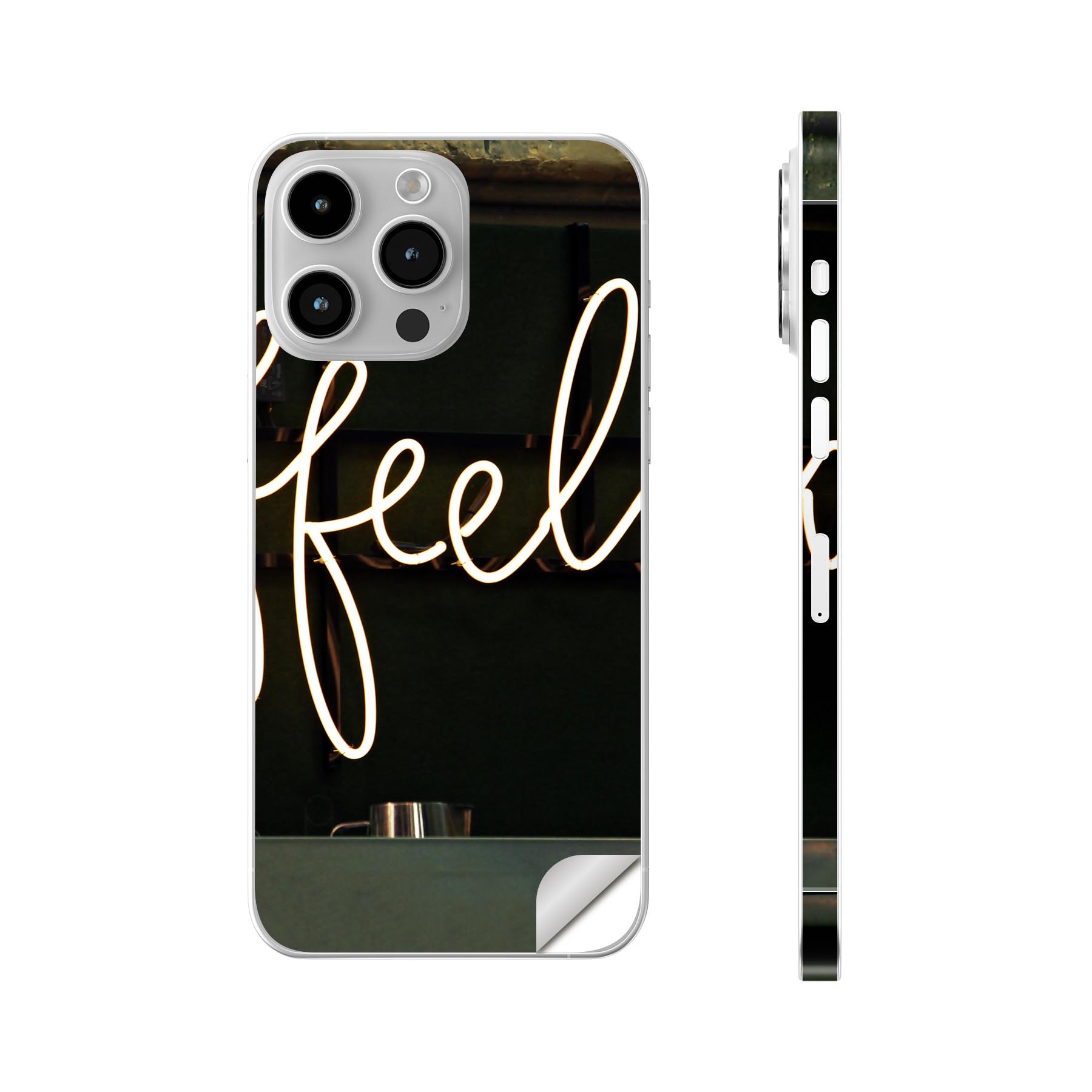 iPhone14 iPhone15 用 スキンシール 全面スキンシール フル 背面 側面 ステッカー 保護シール iphone14plus iphone14pro iphone14promax iphone15plus iphone15pro iphone15promax 各種対応 文字　英字　ネオン　カフェ　023610