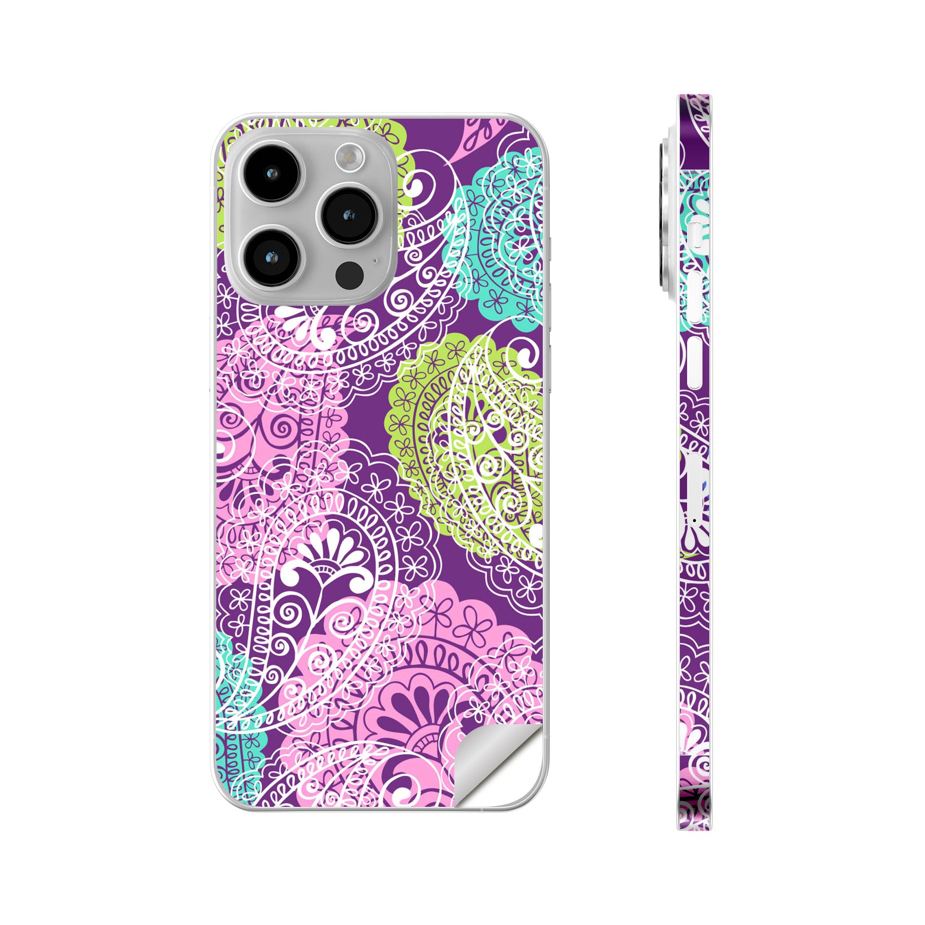 iPhone14 iPhone15 用 スキンシール 全面スキンシール フル 背面 側面 ステッカー 保護シール iphone14plus iphone14pro iphone14promax iphone15plus iphone15pro iphone15promax 各種対応 ペイズリー　紫　004667
