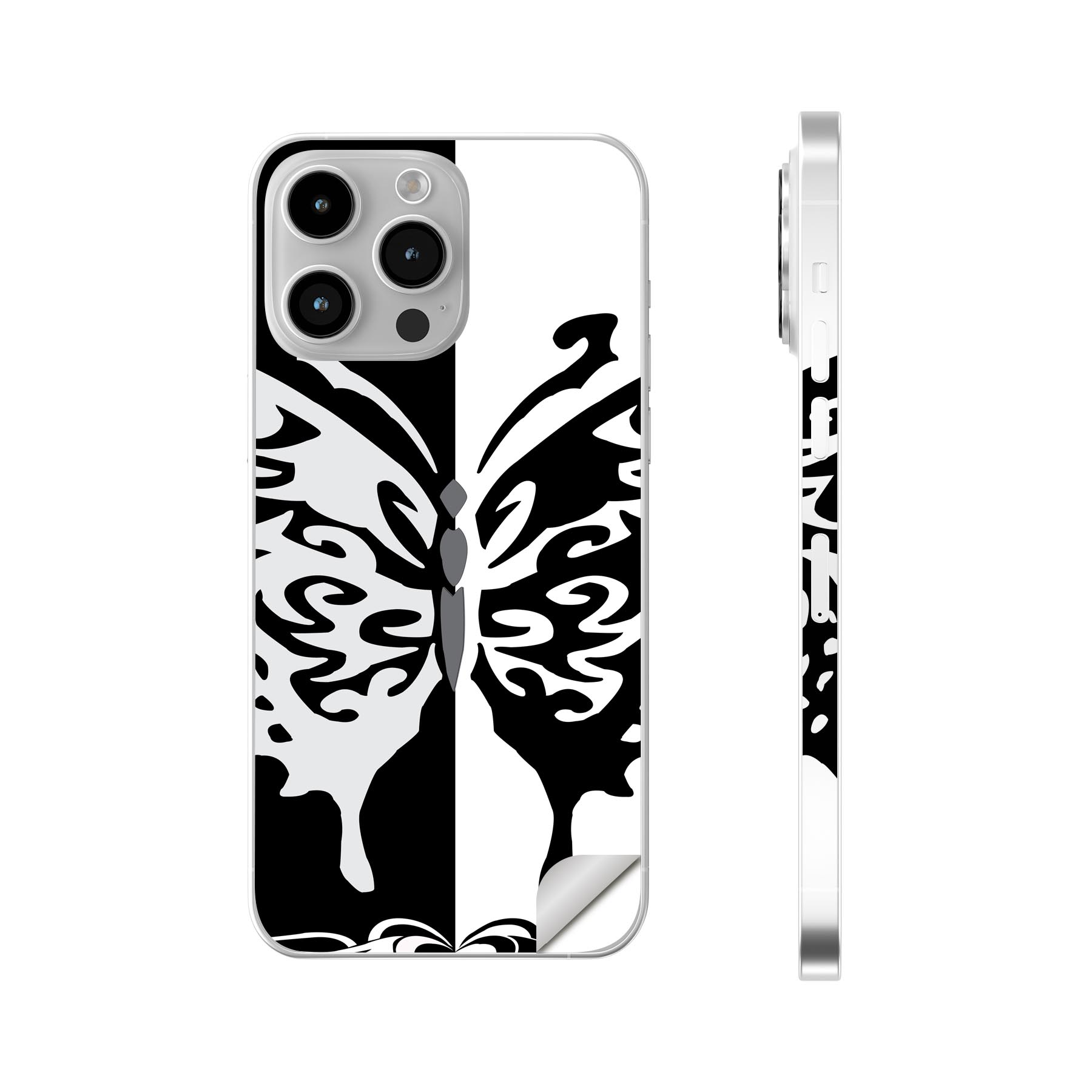 iPhone14 iPhone15 用 スキンシール 全面スキンシール フル 背面 側面 ステッカー 保護シール iphone14plus iphone14pro iphone14promax iphone15plus iphone15pro iphone15promax 各種対応 蝶　白　黒　004887