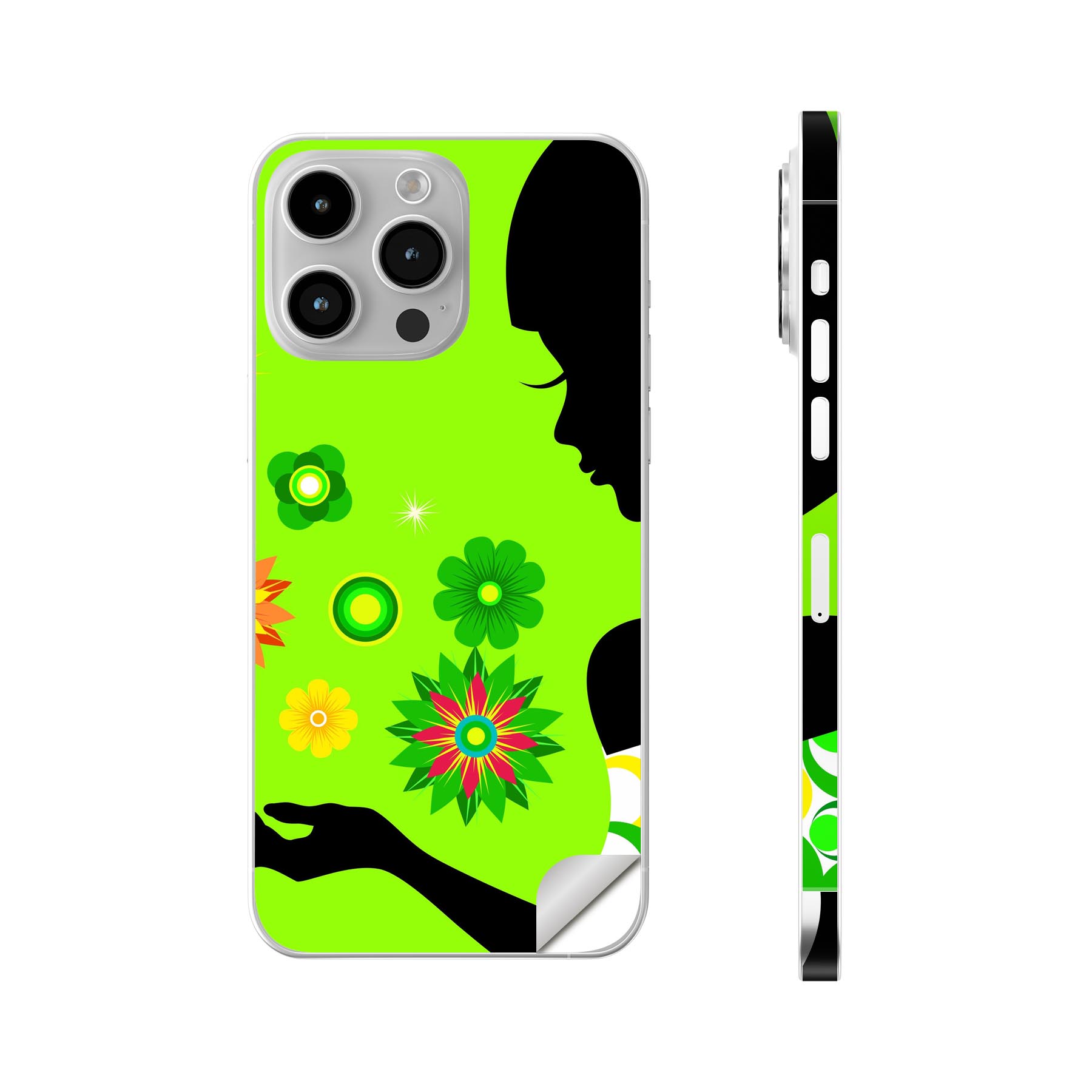 iPhone14 iPhone15 用 スキンシール 全面スキンシール フル 背面 側面 ステッカー 保護シール iphone14plus iphone14pro iphone14promax iphone15plus iphone15pro iphone15promax 各種対応 花 蝶 緑 005312