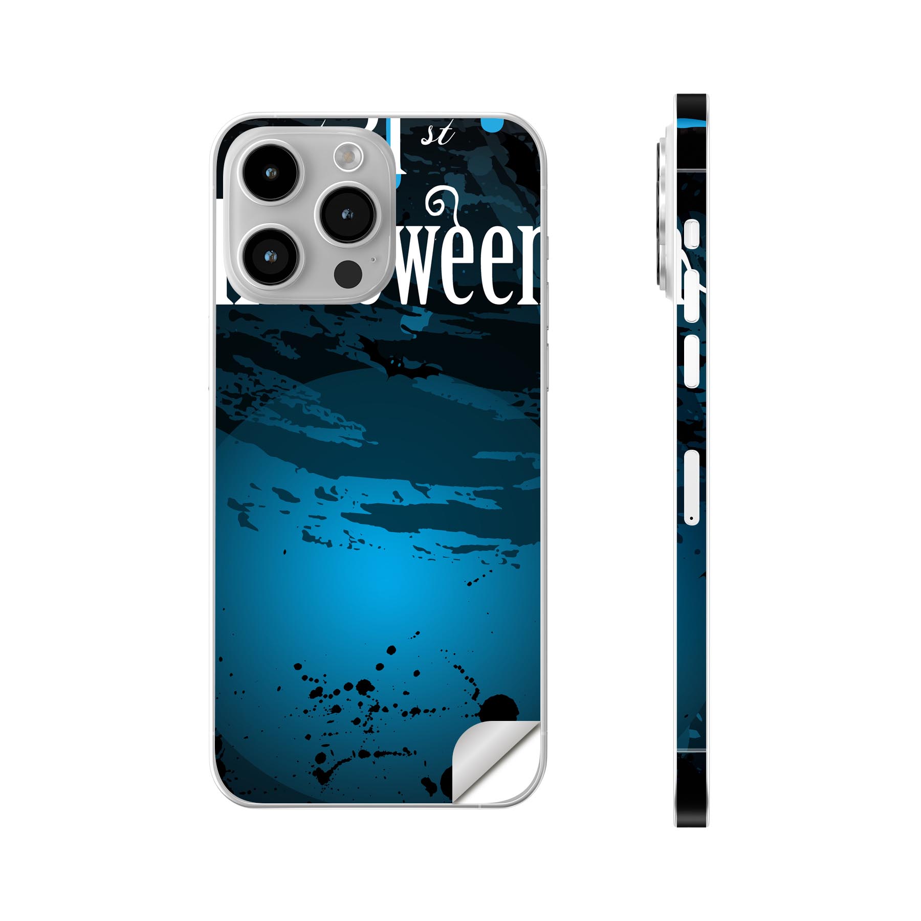 iPhone14 iPhone15 用 スキンシール 全面スキンシール フル 背面 側面 ステッカー 保護シール iphone14plus iphone14pro iphone14promax iphone15plus iphone15pro iphone15promax 各種対応 ハロウィン 青 ブルー 英語 文字 007355