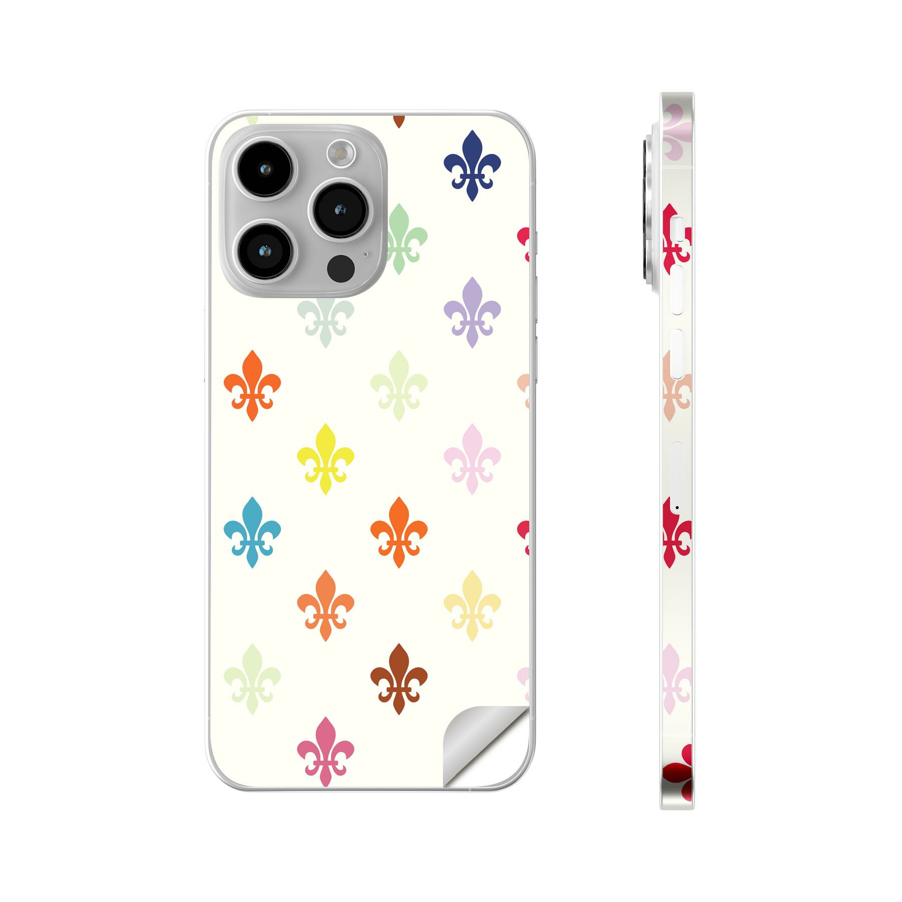 iPhone14 iPhone15 用 スキンシール 全面スキンシール フル 背面 側面 ステッカー 保護シール iphone14plus iphone14pro iphone14promax iphone15plus iphone15pro iphone15promax 各種対応 カラフル　模様　白　ホワイト　007898