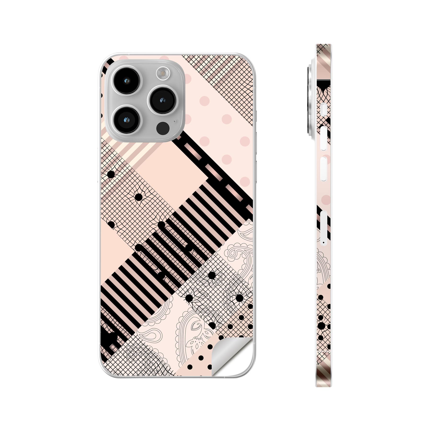 iPhone14 iPhone15 用 スキンシール 全面スキンシール フル 背面 側面 ステッカー 保護シール iphone14plus iphone14pro iphone14promax iphone15plus iphone15pro iphone15promax 各種対応 ハート　黒　ブラック　ピンク　模様　008019