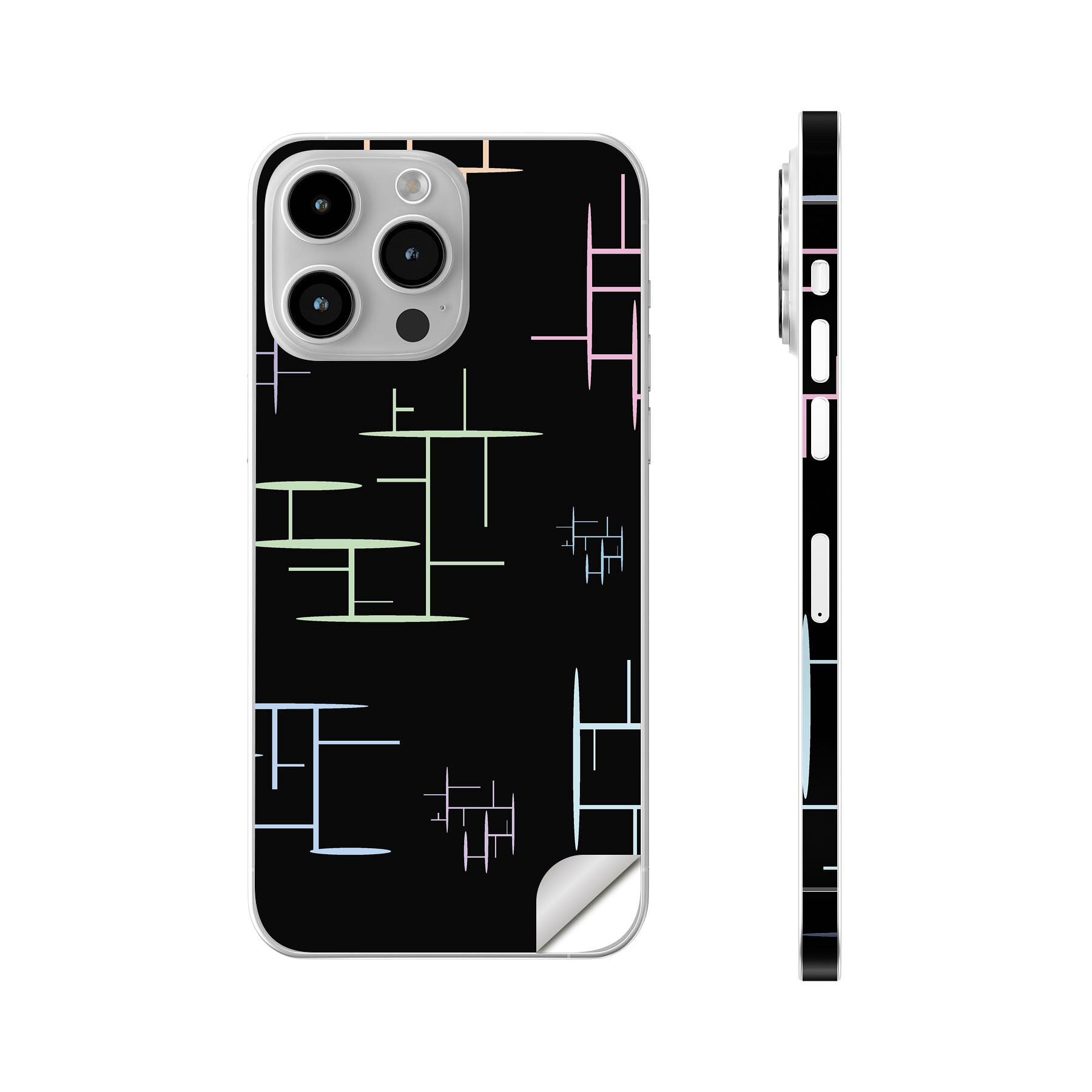 iPhone14 iPhone15 用 スキンシール 全面スキンシール フル 背面 側面 ステッカー 保護シール iphone14plus iphone14pro iphone14promax iphone15plus iphone15pro iphone15promax 各種対応 黒　ブラック　パステル　模様　008501