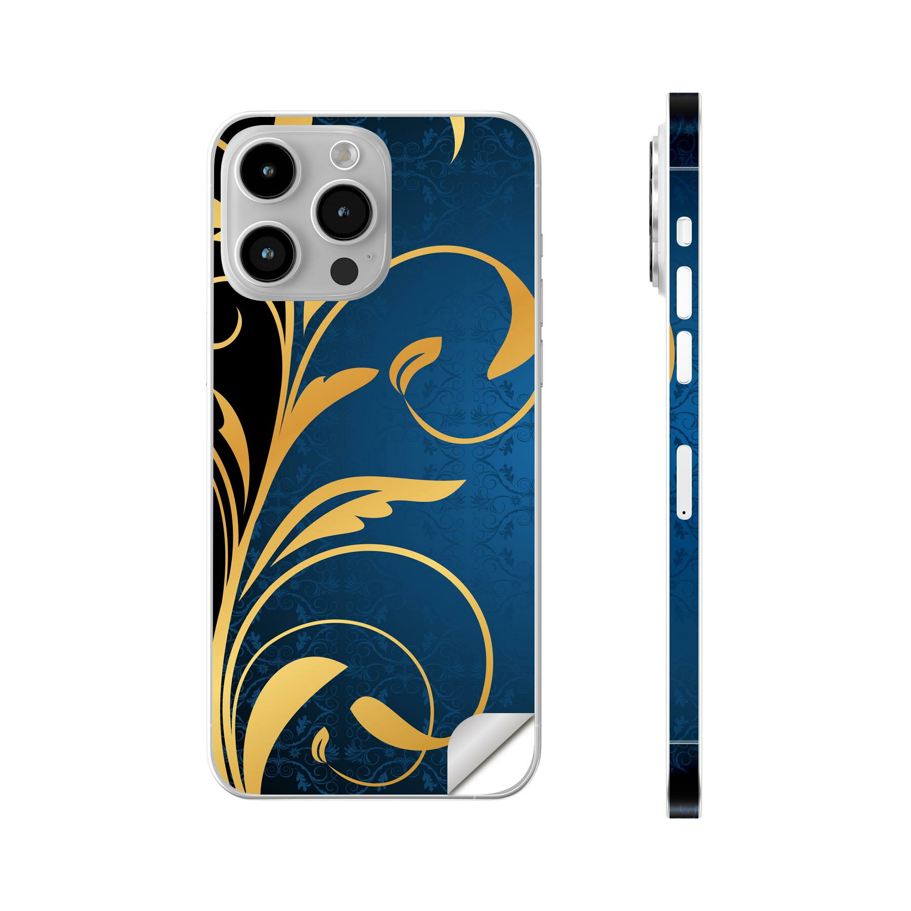 iPhone14 iPhone15 用 スキンシール 全面スキンシール フル 背面 側面 ステッカー 保護シール iphone14plus iphone14pro iphone14promax iphone15plus iphone15pro iphone15promax 各種対応 青　ブルー　植物　模様　008696