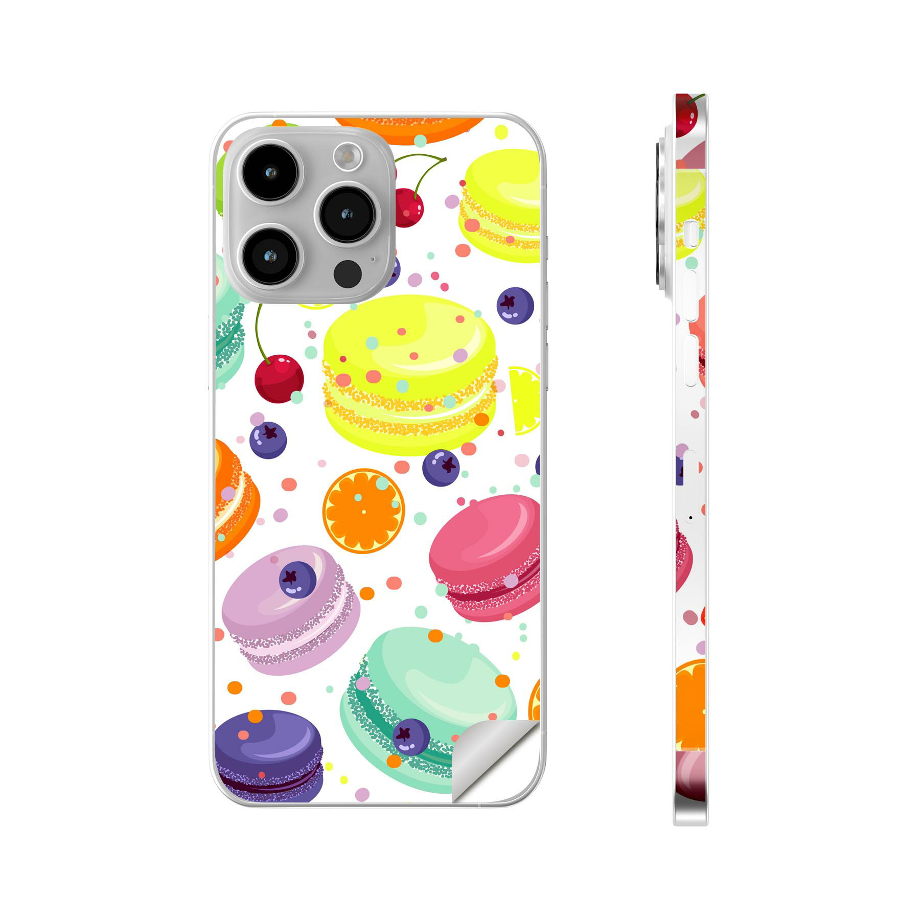 iPhone14 iPhone15 用 スキンシール 全面スキンシール フル 背面 側面 ステッカー 保護シール iphone14plus iphone14pro iphone14promax iphone15plus iphone15pro iphone15promax 各種対応 デザート マカロン カラフル 009741