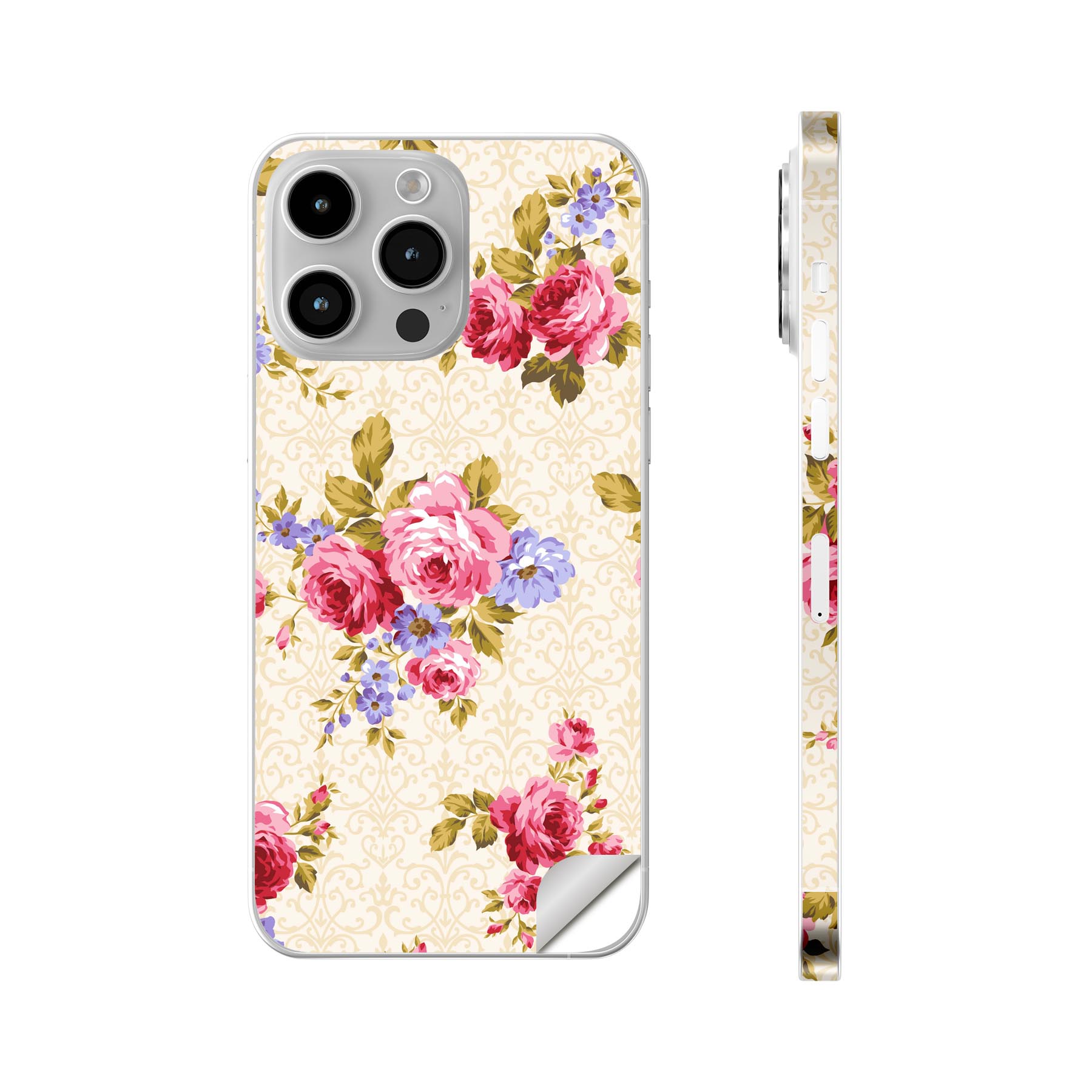 iPhone14 iPhone15 用 スキンシール 全面スキンシール フル 背面 側面 ステッカー 保護シール iphone14plus iphone14pro iphone14promax iphone15plus iphone15pro iphone15promax 各種対応 花　　ピンク　011054