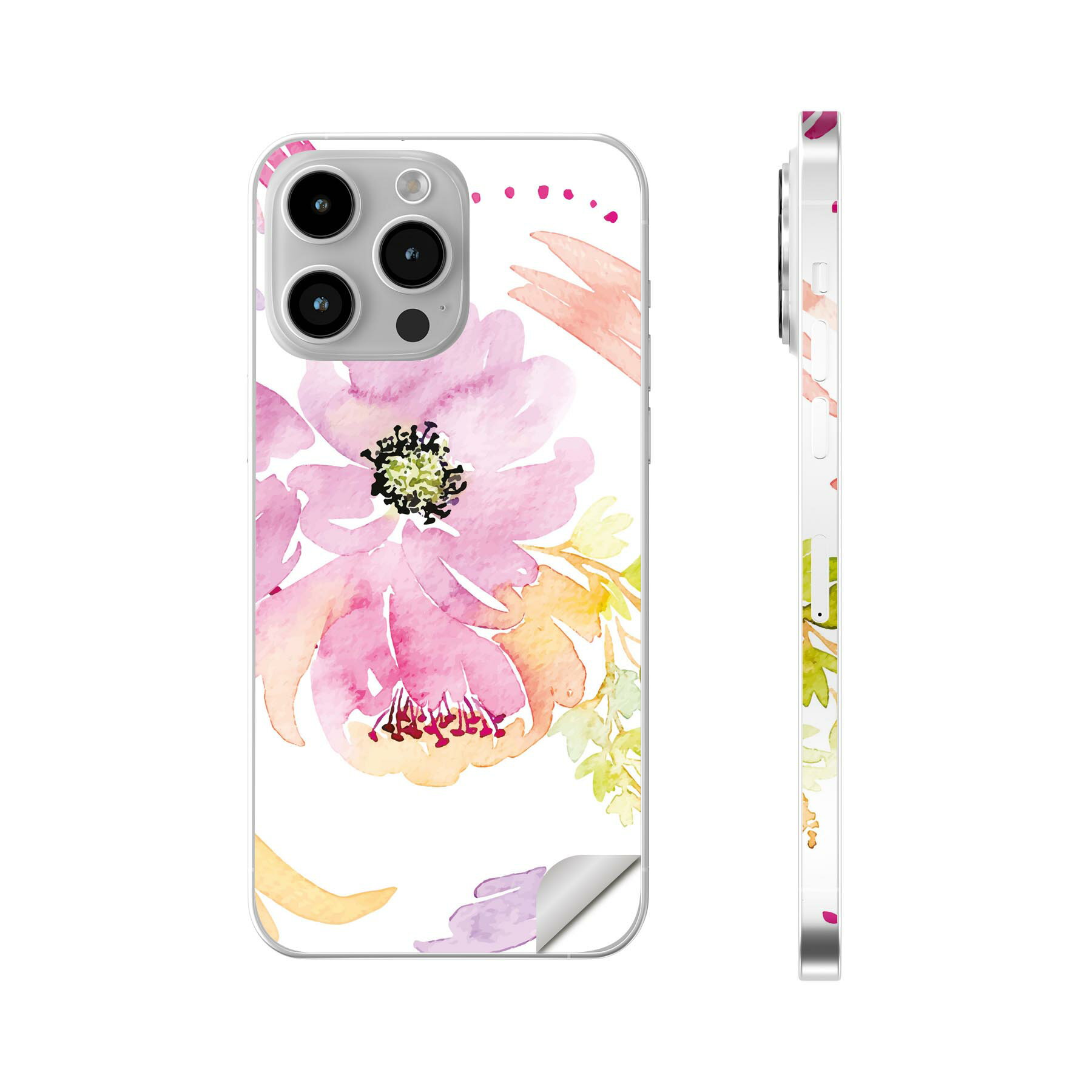 樂天商城 - iPhone14 iPhone15 用 スキンシール 全面スキンシール フル 背面 側面 ステッカー 保護シール iphone14plus iphone14pro iphone14promax iphone15plus iphone15pro iphone15promax 各種対応 花　水彩　カラフル　011075
