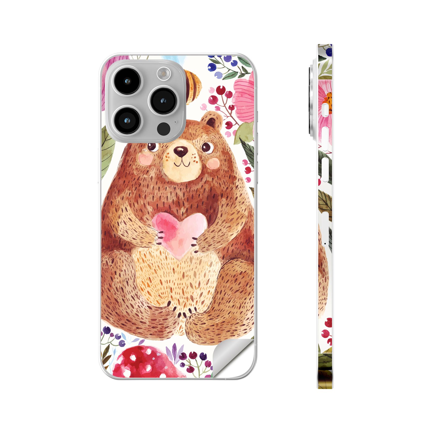 iPhone14 iPhone15 用 スキンシール 全面スキンシール フル 背面 側面 ステッカー 保護シール iphone14plus iphone14pro iphone14promax iphone15plus iphone15pro iphone15promax 各種対応 動物　くま　蜂　花　011077