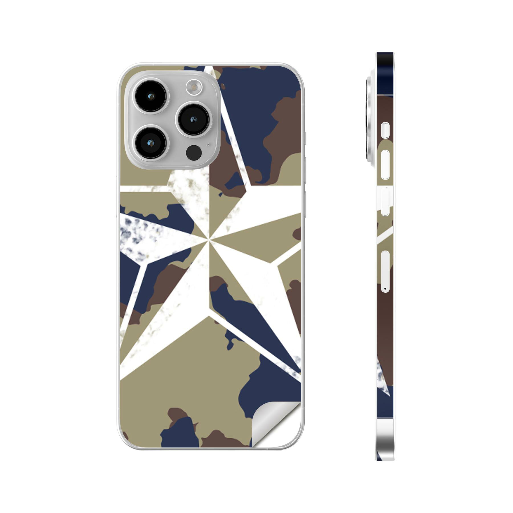iPhone14 iPhone15 用 スキンシール 全面スキンシール フル 背面 側面 ステッカー 保護シール iphone14plus iphone14pro iphone14promax iphone15plus iphone15pro iphone15promax 各種対応 迷彩　カモフラ　星　011597