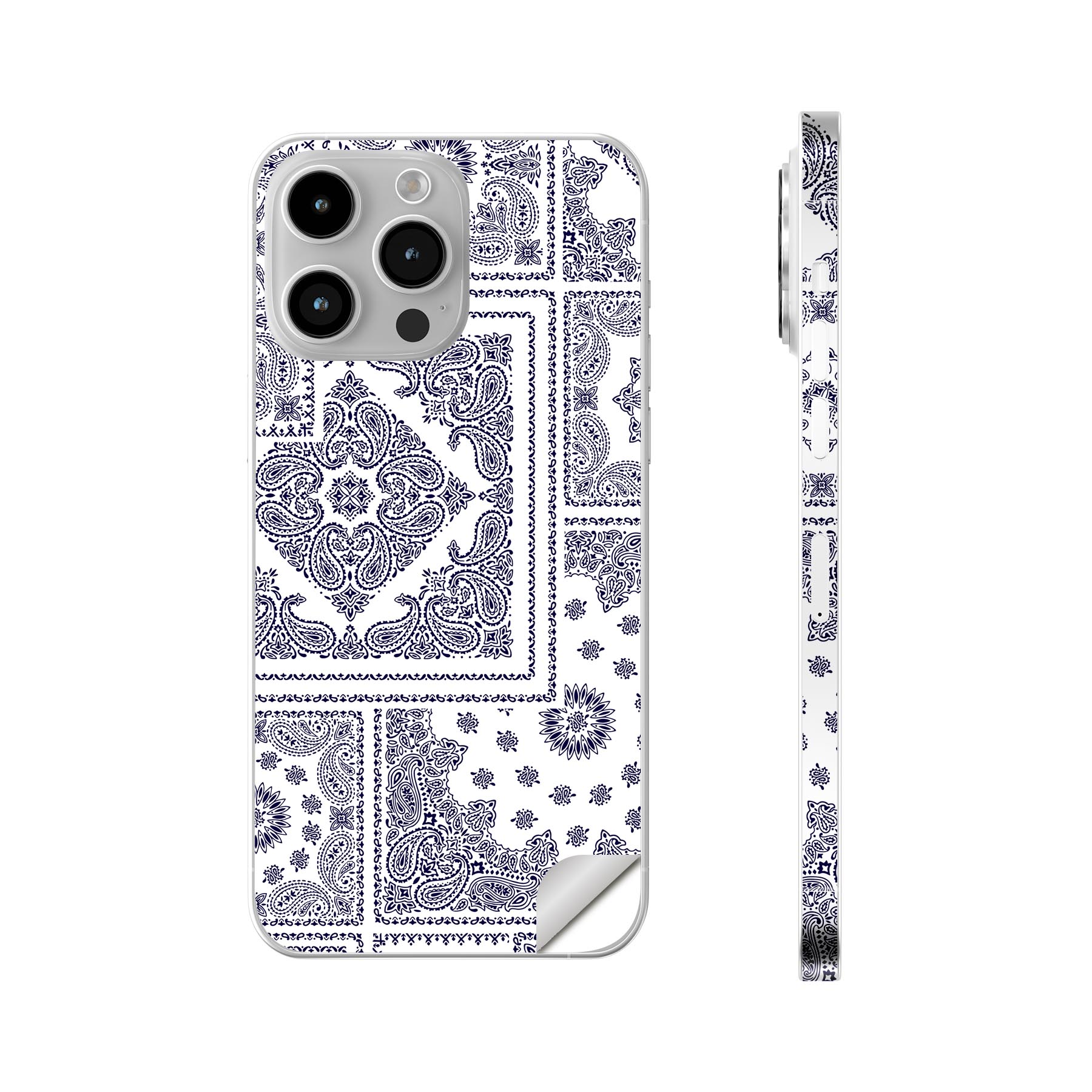 iPhone14 iPhone15 用 スキンシール 全面スキンシール フル 背面 側面 ステッカー 保護シール iphone14plus iphone14pro iphone14promax iphone15plus iphone15pro iphone15promax 各種対応 ペイズリー 模様 青 011784