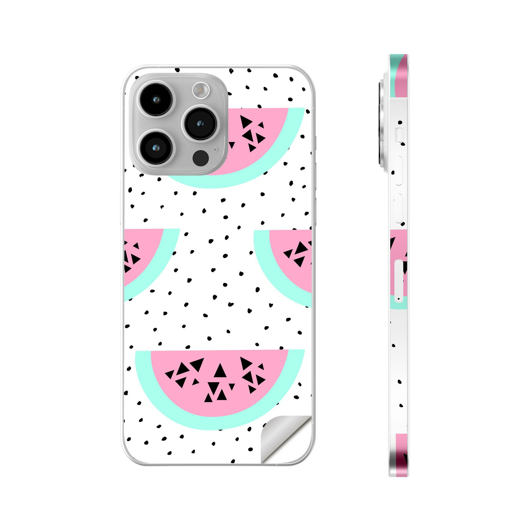 iPhone14 iPhone15 用 スキンシール 全面スキンシール フル 背面 側面 ステッカー 保護シール iphone14plus iphone14pro iphone14promax iphone15plus iphone15pro iphone15promax 各種対応 スイカ　ドット　夏　012153