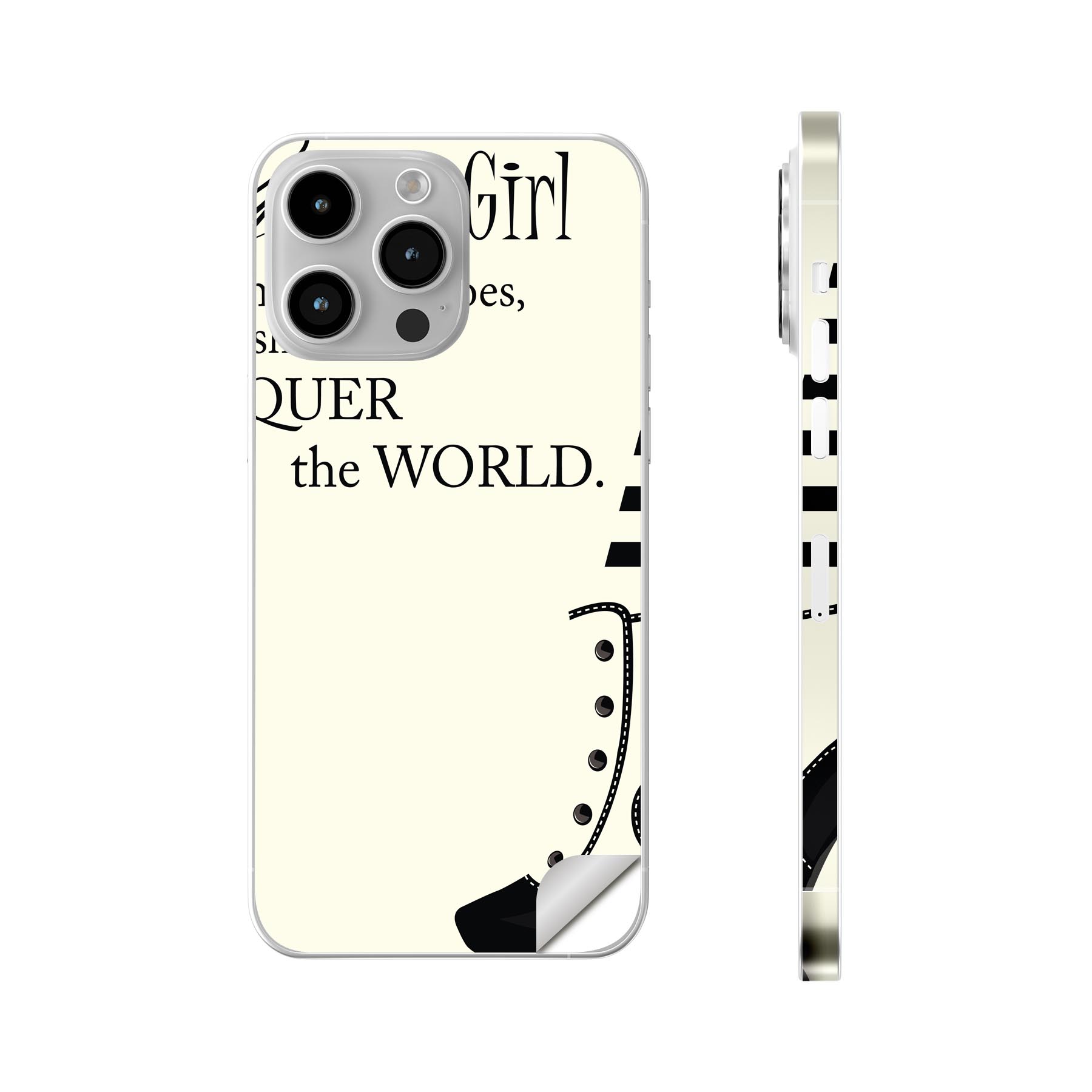 iPhone14 iPhone15 用 スキンシール 全面スキンシール フル 背面 側面 ステッカー 保護シール iphone14plus iphone14pro iphone14promax iphone15plus iphone15pro iphone15promax 各種対応 モノクロ 英字 女の子 ハイヒール 014977