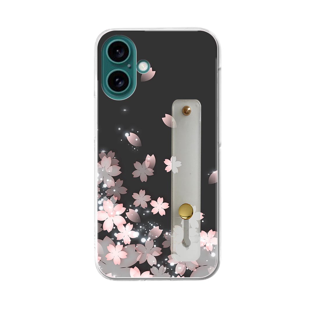 Rakuten - 【送料無料】ハードケース スマホ ベルト付 スマホバンド 落下防止 シリコン スタンド機能付 スマホ リング スリム 背面 ほぼ全機種対応 片手持ち カバー ケース 携帯リング ハード フィンガーリング 角度調整 000028 桜　絵　灰色