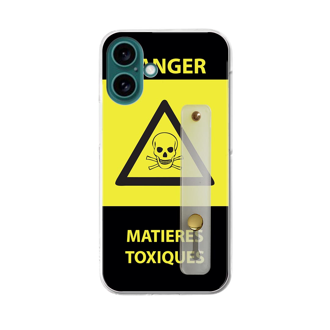 【送料無料】iPhone 16 用 ハードケース スマホ ベルト付 スマホバンド 落下防止 シリコン スタンド機能付 スリム 背面 片手持ち カバー 携帯リング フィンガーリング 角度調整 000041 危険　看板　ガイコツ