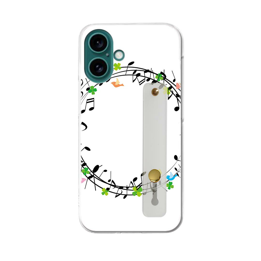 【送料無料】iPhone 16 用 ハードケース スマホ ベルト付 スマホバンド 落下防止 シリコン スタンド機能付 スリム 背面 片手持ち カバー 携帯リング フィンガーリング 角度調整 009351 音符　音楽　鳥(2.0)