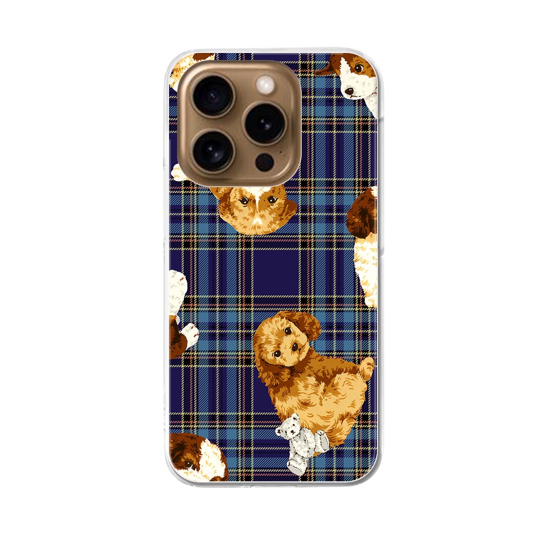 iPhone16pro 6.3インチ 専用 各キャリア iPhone 16 pro 共通対応 ハード ケース iphone16pro 対応 ケース カバー 008723 青　ブルー　チェック　犬