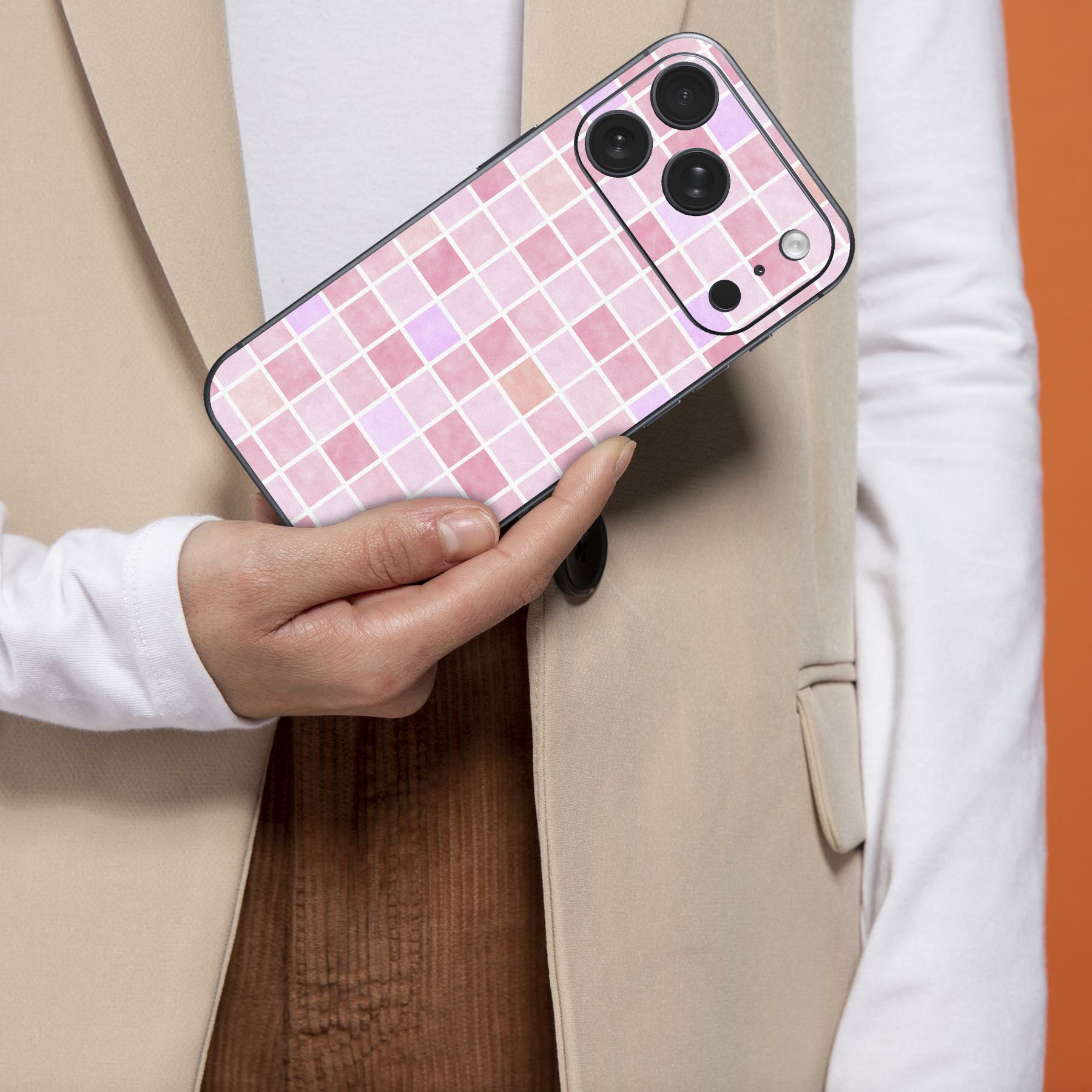 iPhone 用 デザインスキンシール 対応 2枚入り カバー デコレーション アクセサリー デコシール 高品質再剥離性シート 009526 ピンク　ブロック　シンプル