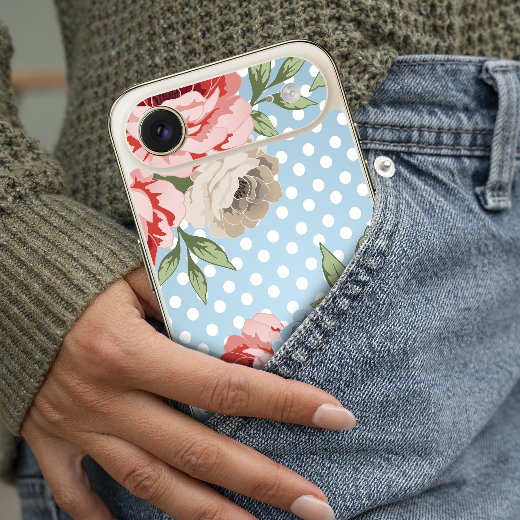 スマコレのiPhone 用 デザインスキンシール 対応 2枚入り カバー デコレーション アクセサリー デコシール 高品質再剥離性シート 008178 花　　水玉　水色｜アングル2