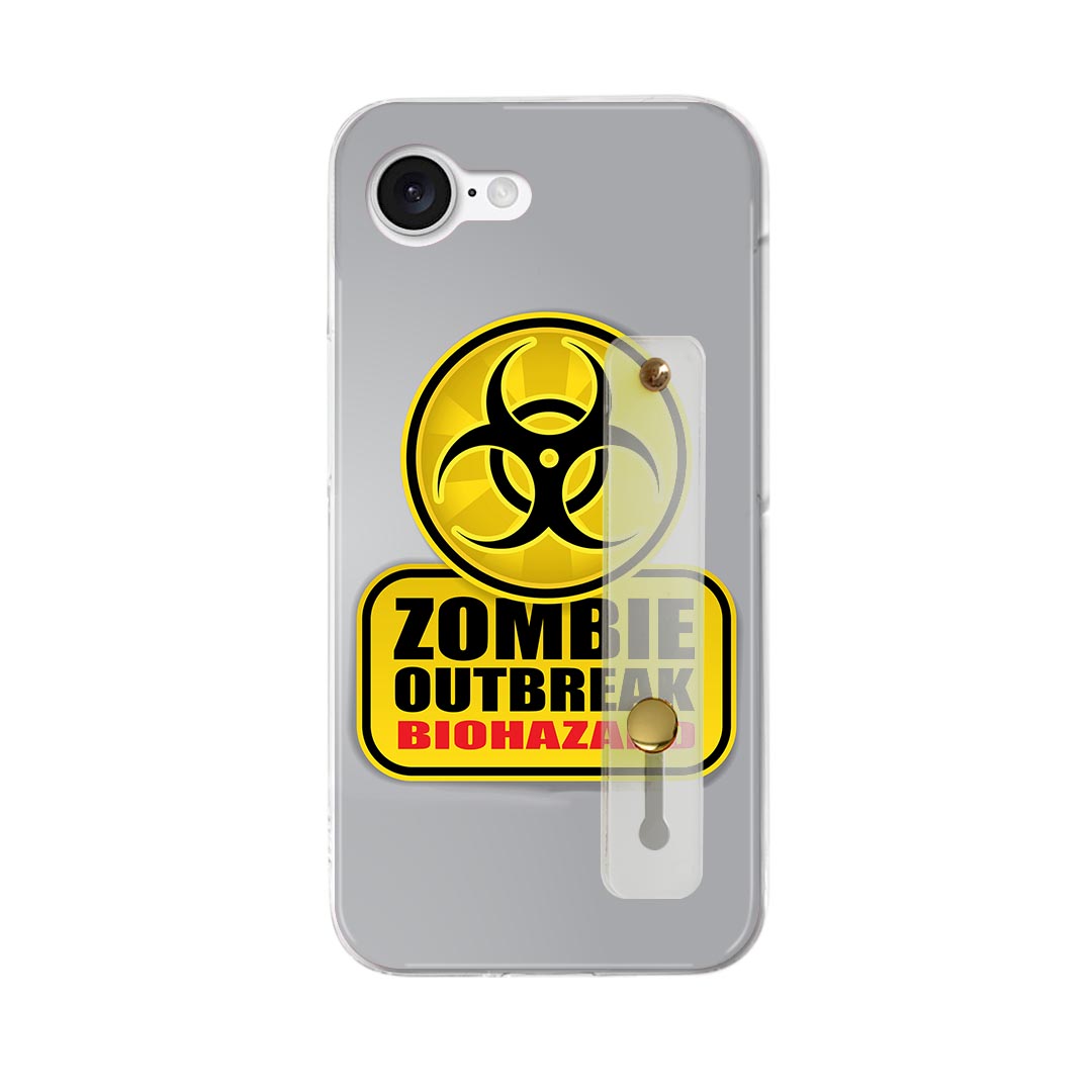 【送料無料】iPhone 16e 用 各キャリア 共通対応 iphone16e ハードケース スマホ ベルト付 スマホバンド 落下防止 シリコン スタンド機能付 スリム 背面 片手持ち カバー 携帯リング フィンガーリング 角度調整 001180 標識 ゾンビ バイオハザード