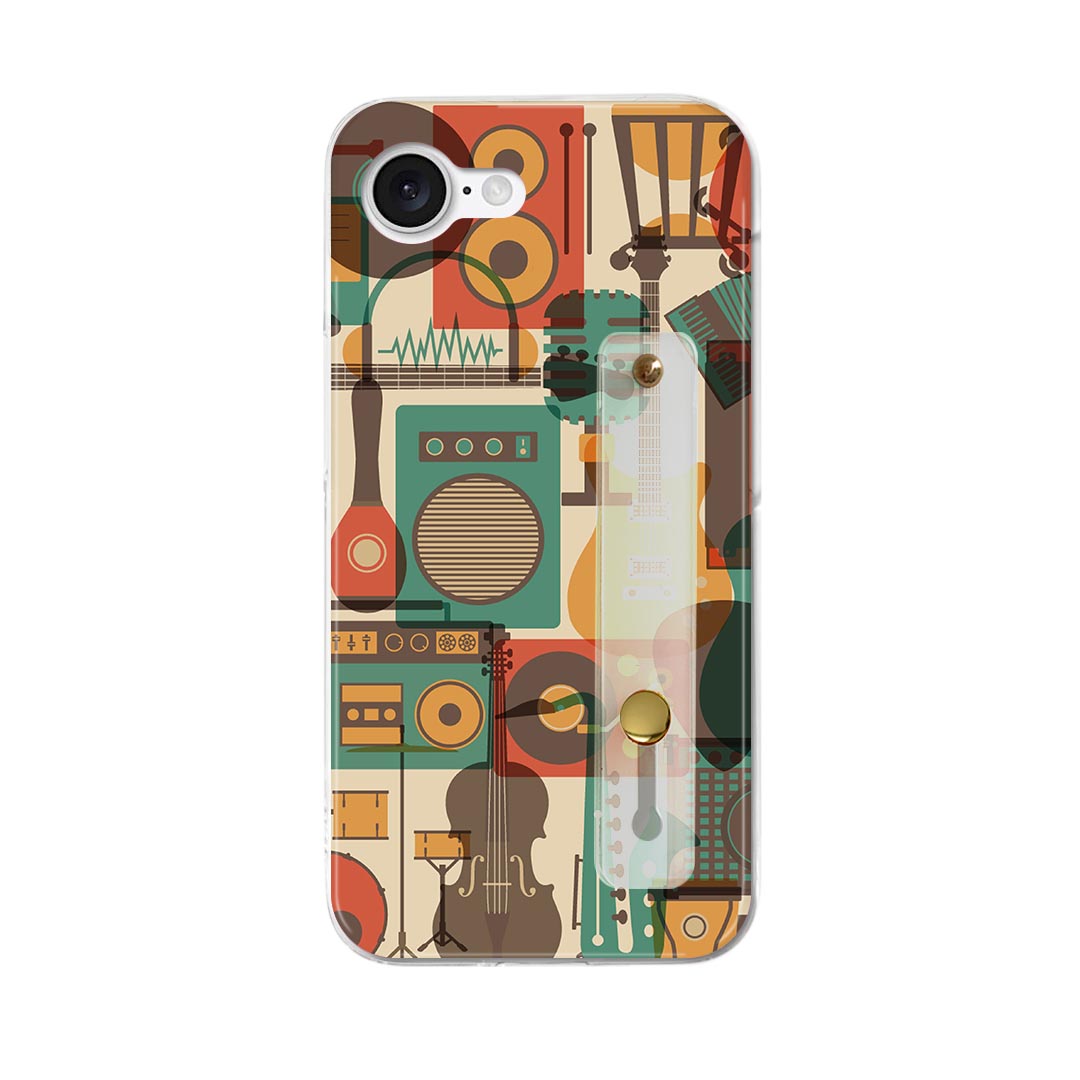 【送料無料】iPhone 16e 用 各キャリア 共通対応 iphone16e ハードケース スマホ ベルト付 スマホバンド 落下防止 シリコン スタンド機能付 スリム 背面 片手持ち カバー 携帯リング フィンガーリング 角度調整 035988 音楽 ギター カラフル(2.0)