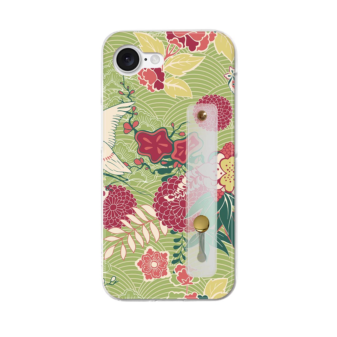 【送料無料】iPhone 16e 用 各キャリア 共通対応 iphone16e ハードケース スマホ ベルト付 スマホバンド 落下防止 シリコン スタンド機能付 スリム 背面 片手持ち カバー 携帯リング フィンガーリング 角度調整 006330 和風 和柄 花