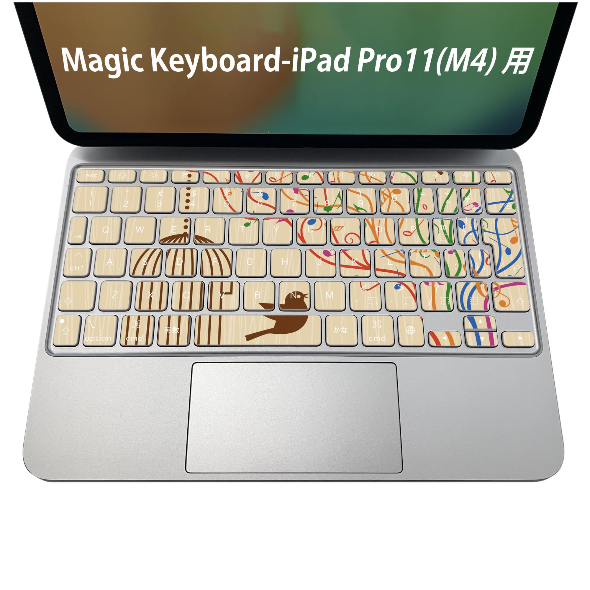 Magic Keyboard 専用 iPadPro11inch 13inch(M4) 2024 第5世代 対応 キーボード用スキンシール キートップ ステッカー アイパッド ノートパソコン アクセサリー 保護 020806 マスクデザイン 宇宙 惑星 音符　鳥　カラフル　005964