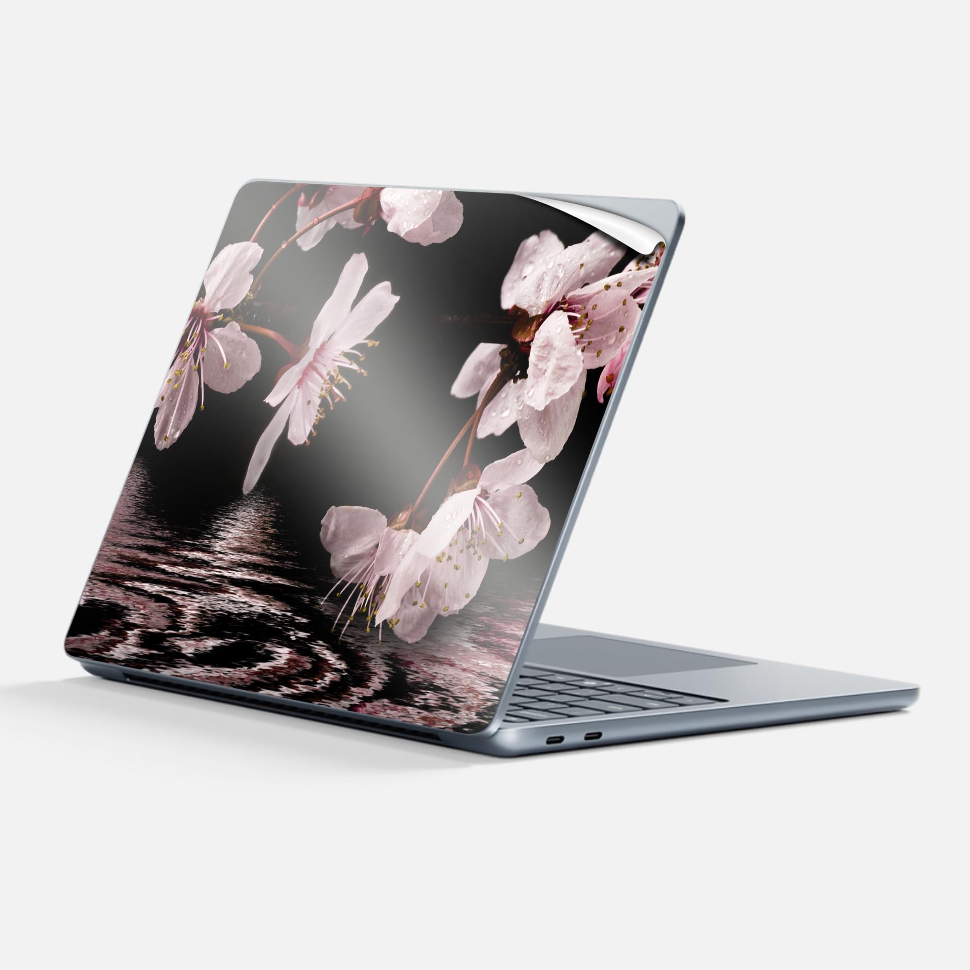 Surface Laptop 第7世代 13 インチ 用 スキンシール 全面スキンシール フル 背面 底 ステッカー 保護シール キャラクター かわいい 000009 桜 水面 黒