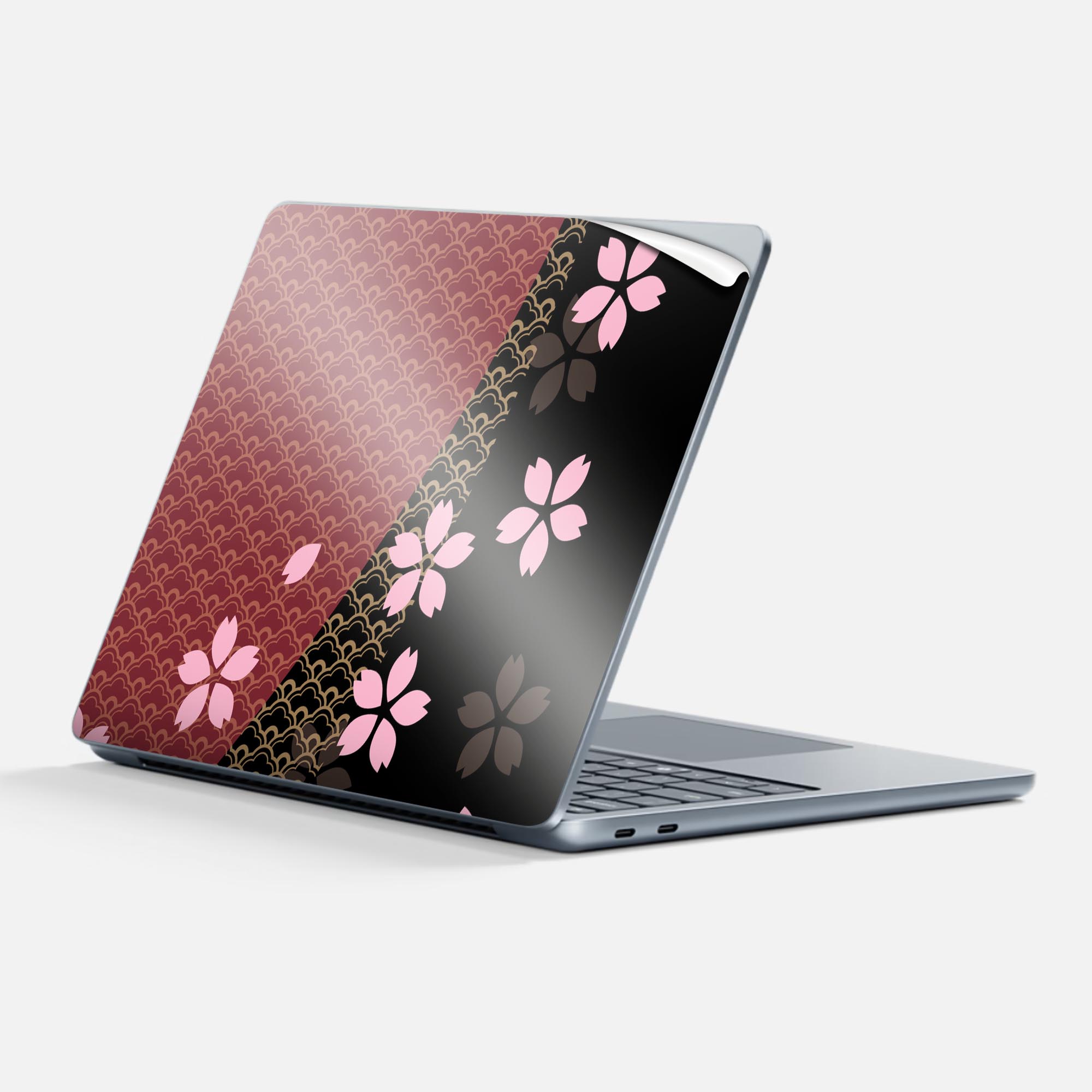 Surface Laptop 第7世代 13 インチ 用 スキンシール 全面スキンシール フル 背面 底 ステッカー 保護シール キャラクター かわいい 000049 和柄 桜 黒