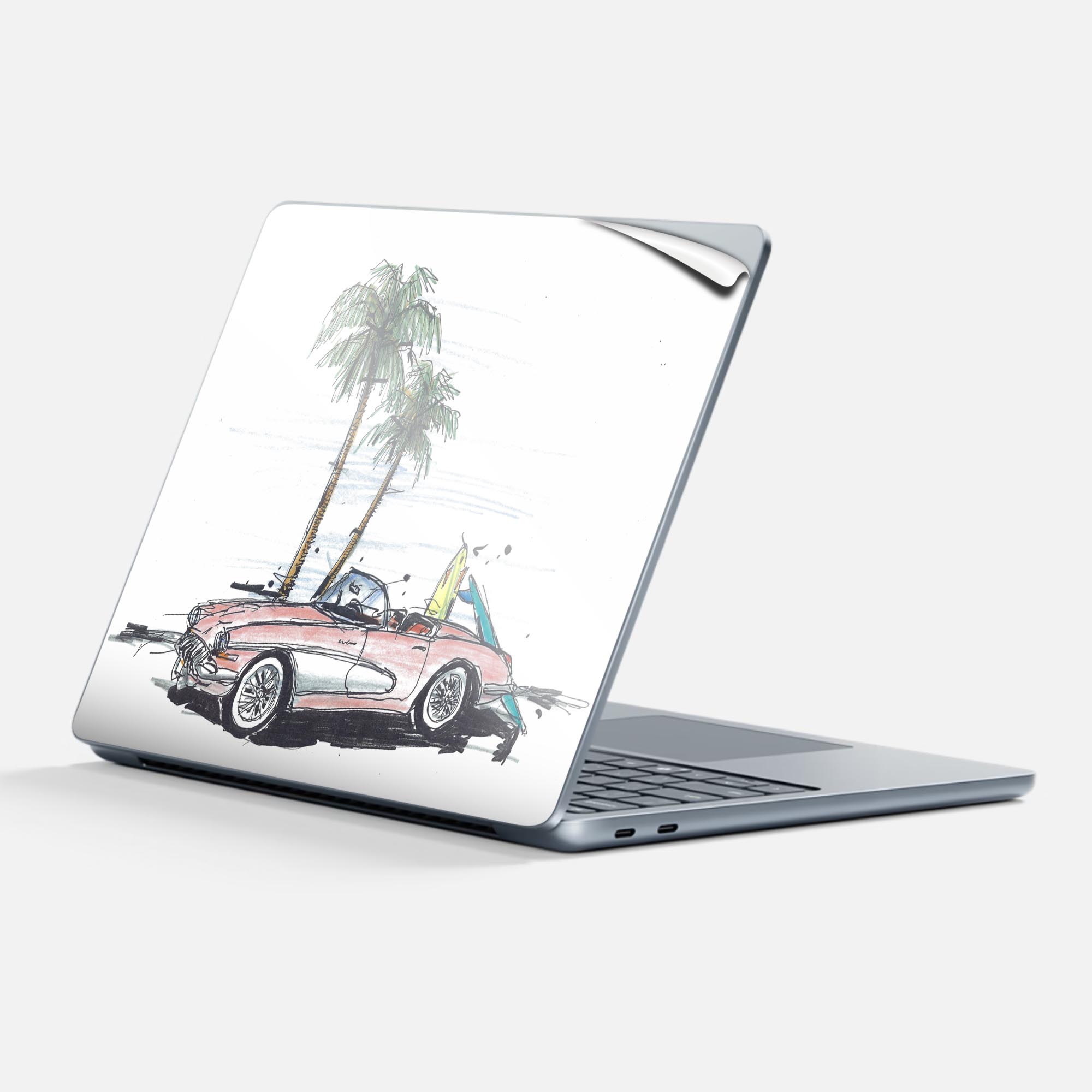 Surface Laptop 第7世代 13 インチ 用 スキンシール 全面スキンシール フル 背面 底 ステッカー 保護シール キャラクター かわいい 014340 ヤシの木 車 サーフィン