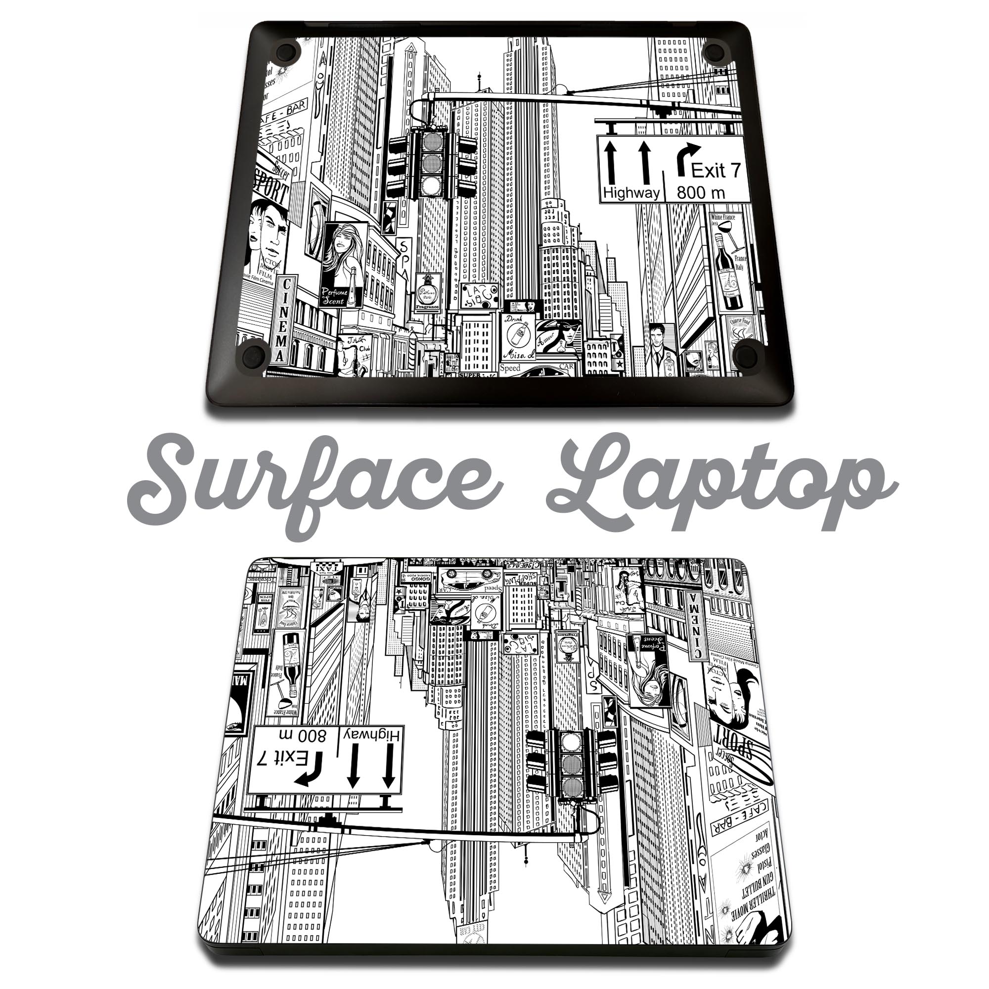 スマコレのSurface Laptop 第7世代 13.8 / 15 インチ 用 スキンシール 全面スキンシール フル laptop7用 背面 底 ステッカー 保護シール キャラクター かわいい 005898 イラスト　建物　街｜アングル2