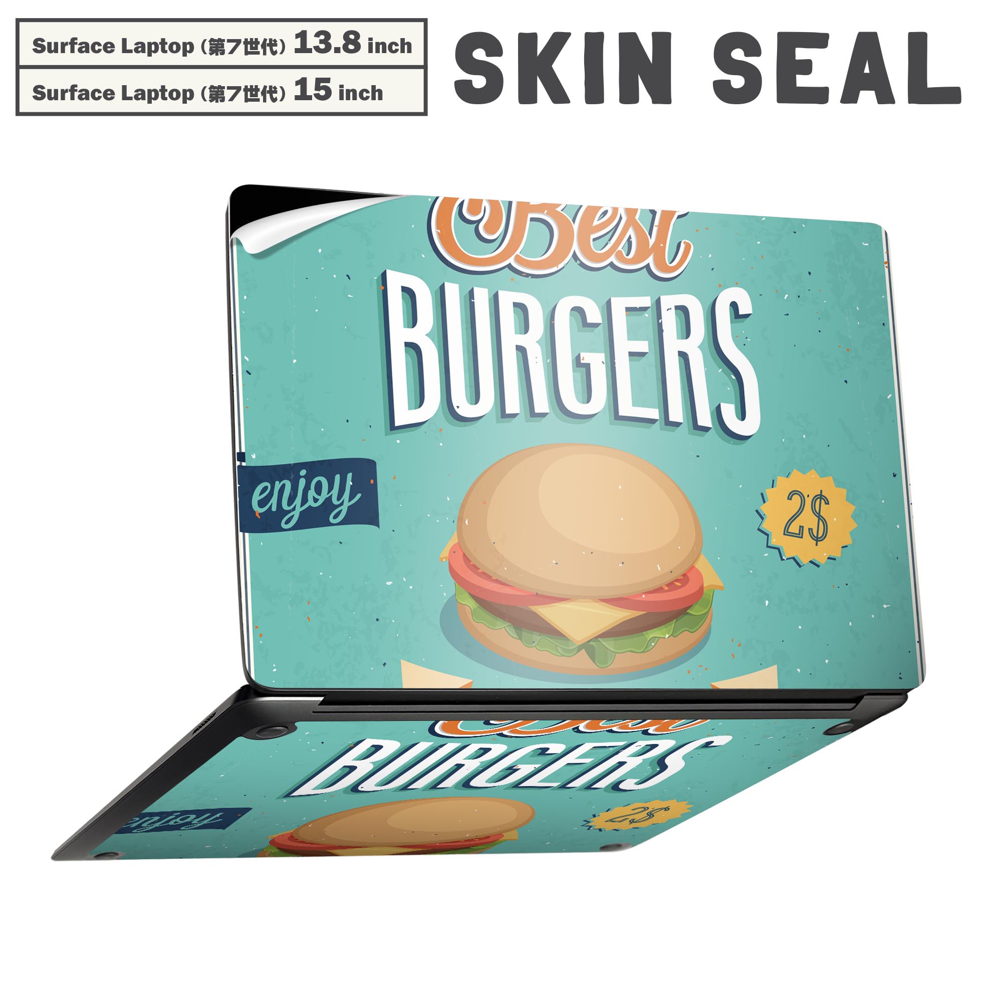 Surface Laptop 第7世代 13.8 / 15 インチ 用 スキンシール 全面スキンシール フル laptop7用 背面 底 ステッカー 保護シール キャラクター かわいい 006208 バーガー　英語　文字