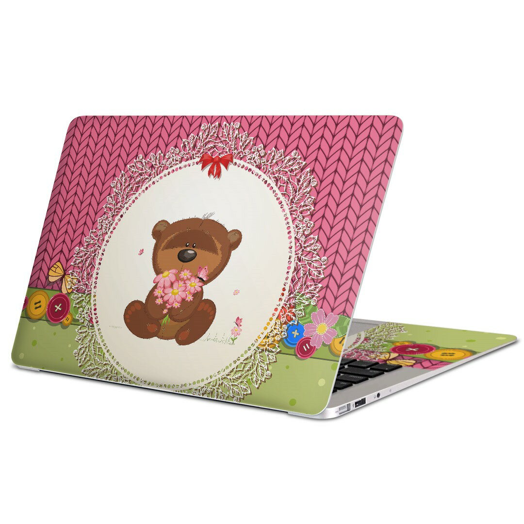 MacBook 用 スキンシール マックブック 13インチ 〜 16インチ MacBook Pro / MacBook Air 各種対応 ノートパソコン カバー ケース フィルム ステッカー アクセサリー 保護 008017 熊　くま　ピンク　イラスト　黄緑