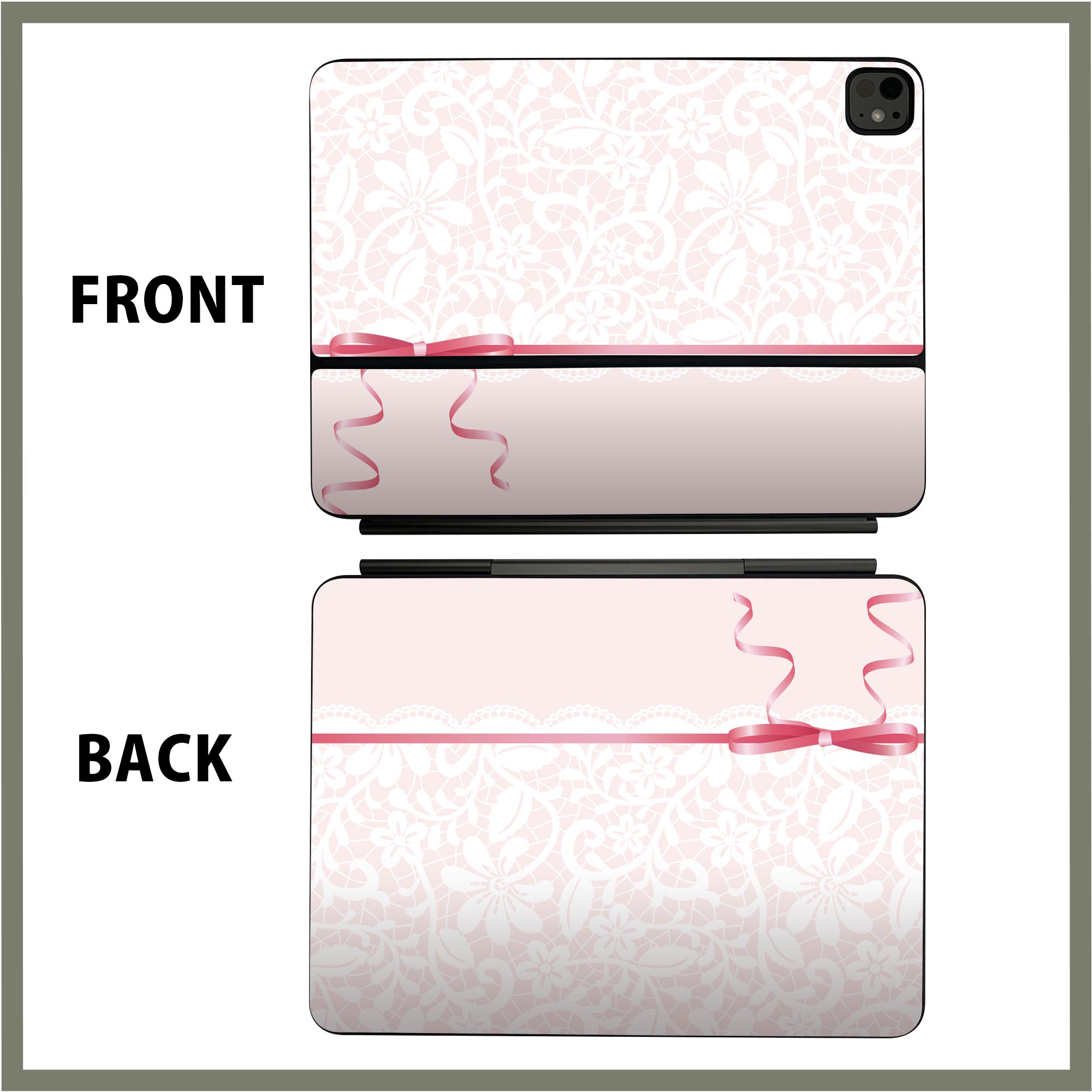マジックキーボード 用 スキンシール 11インチ 13インチ iPad Pro11(M4) iPad Pro13(M4)用 2024年発売 第5世代 Magic Keyboard 対応 前面 背面 保護シール 人気 ピンク　白　リボン　ガーリー 005365