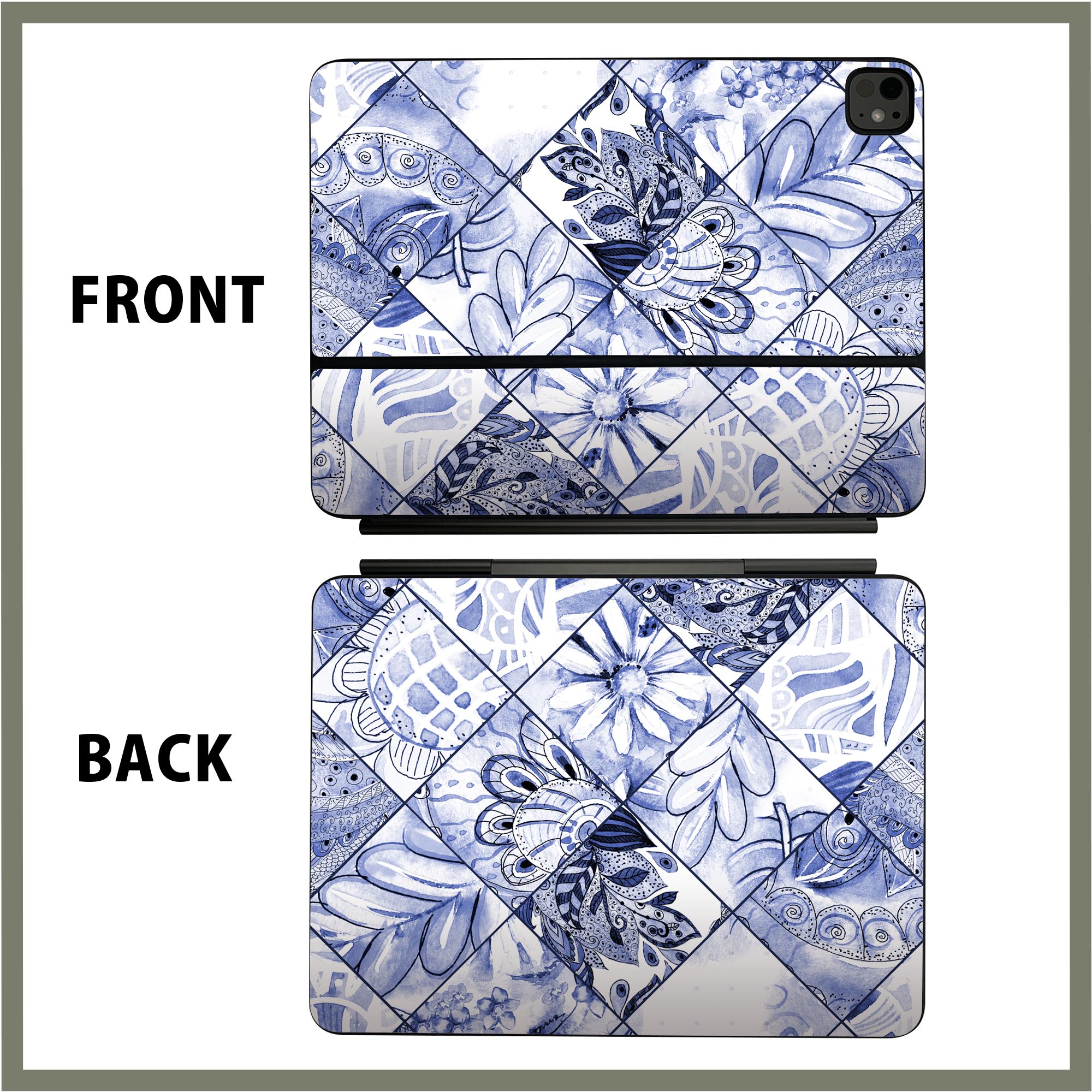 マジックキーボード 用 スキンシール 11インチ 13インチ iPad Pro11(M4) iPad Pro13(M4)用 2024年発売 第5世代 Magic Keyboard 対応 前面 背面 保護シール 人気 花　青　格子柄 014800