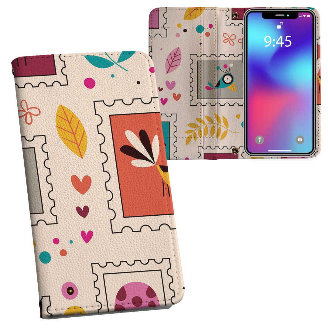 iPhone11 Pro Max 6.5インチ 専用 iphone11pronax アイフォン softbank docomo au 両面プリント 裏表 内側 内面 スマホ カバー レザー ケース 手帳タイプ フリップ ダイアリー 二つ折り 革 フルデザイン 008271 ユニーク 切手　鳥　カラフル　模様