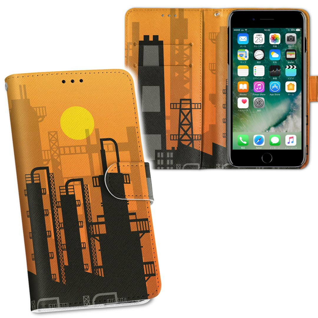iPhone11 Pro Max 6.5インチ 専用 iphone11pronax アイフォン softbank docomo au 両面プリント 裏表 内側 内面 スマホ カバー レザー ケース 手帳タイプ フリップ ダイアリー 二つ折り 革 フルデザイン 011214 工場　建物　オレンジ